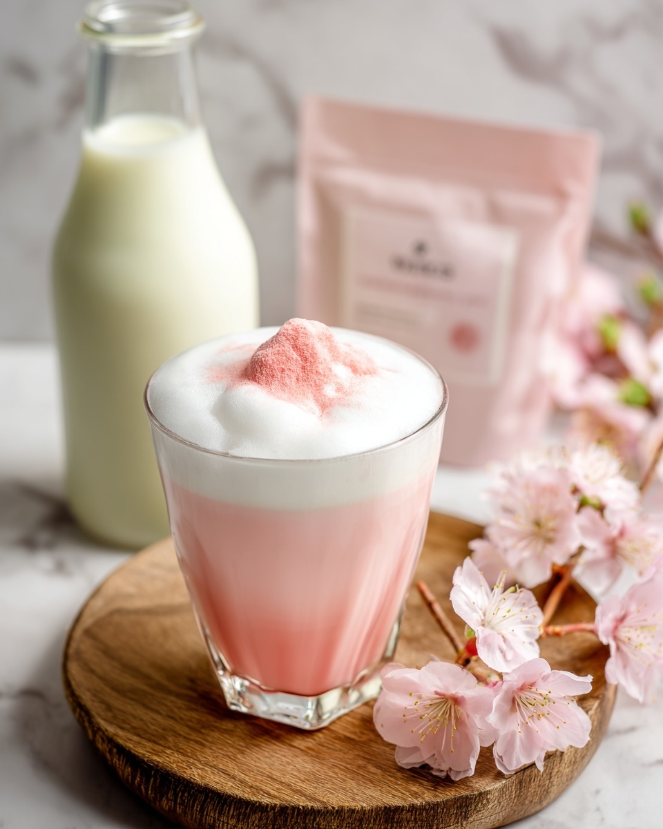 The image shows a clear glass filled with three layers: the bottom layer is a smooth light pink liquid, the middle layer is frothy white foam that looks thick and creamy, and the top center has a small mound of pink powder sprinkled on the foam. The glass is set on a round wooden board with a slightly rough texture. Behind the glass is a narrow white bottle filled with a pale yellow liquid. To the right side on the wooden board, soft pink cherry blossoms with delicate petals are arranged, and a pale pink packet is blurred in the background. The setting is on a white marbled texture surface. Photo taken with an iphone --ar 4:5 --v 7