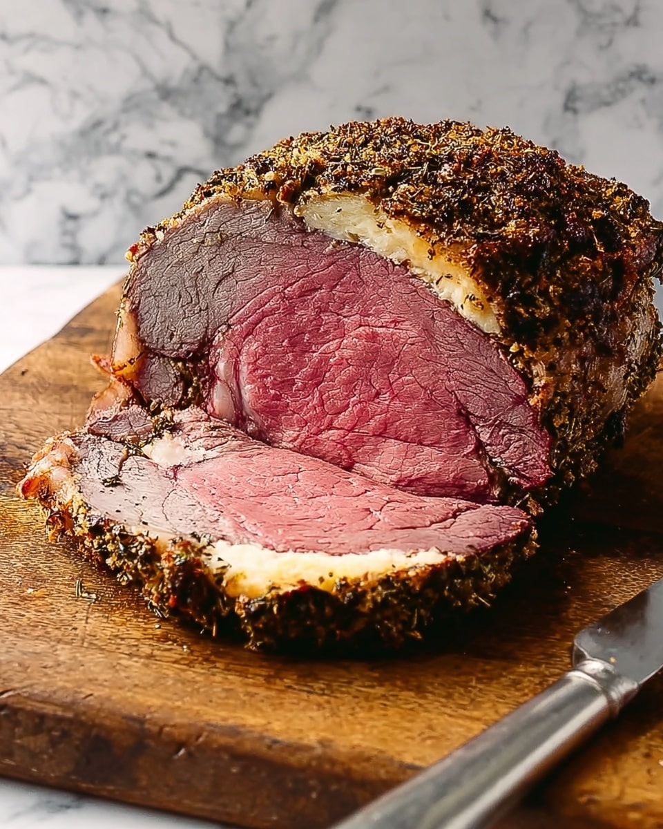 A thick cut of roast beef sits on a rustic wooden board with a silver knife beside it, the beef showing three main layers: the outermost herb-crusted dark brown and slightly crispy layer, a middle grayish cooked layer, and a large, juicy pink inner layer that looks tender and rare. The outer herb crust is rough and textured with herbs visibly stuck to it, while the fat layer beneath is pale yellow and creamy, positioned just below the herb crust and above the cooked meat. The background is a white marbled texture. photo taken with an iphone --ar 4:5 --v 7