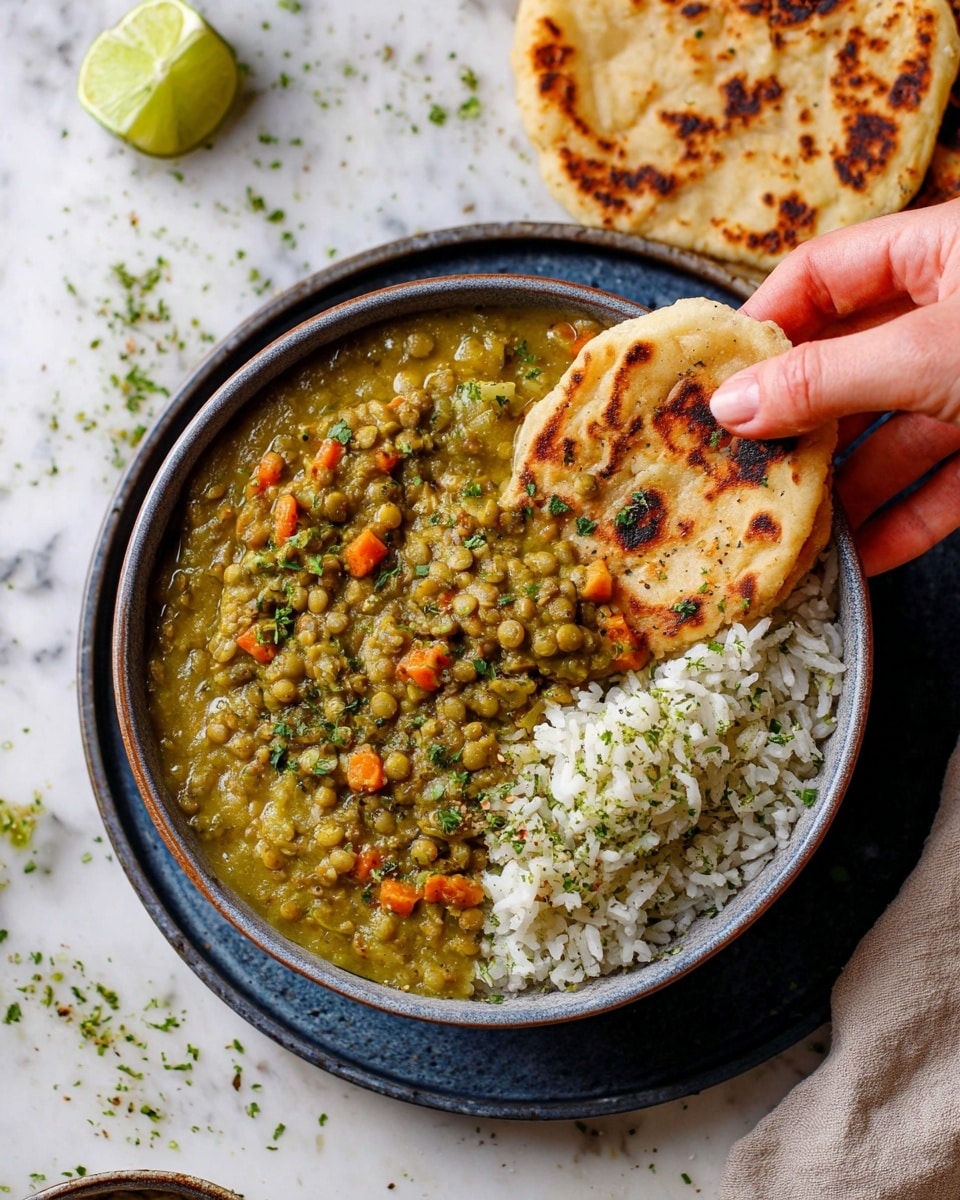 A bowl filled with two layers: on the left, a thick green lentil stew with small chunks of orange vegetables and sprinkled green herbs, covering about three-quarters of the bowl; on the right, a portion of white rice topped with green herbs, filling the remaining quarter. A woman’s hand is holding a round, flat bread with brown toasted spots, dipping it into the lentil stew. The bowl is placed on a dark blue plate, all set on a white marbled surface. In the foreground, there is a lime wedge and some green herb pieces scattered on the surface. Photo taken with an iphone --ar 4:5 --v 7