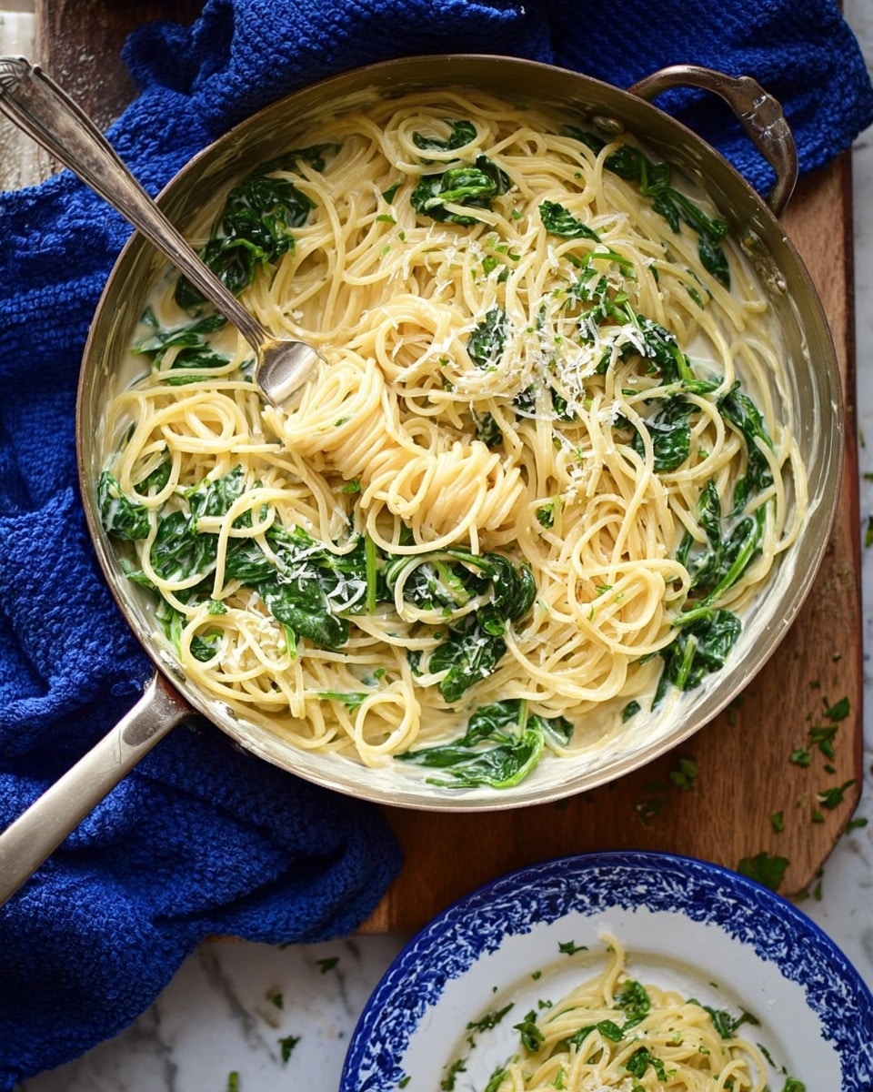 The image shows a pan filled with creamy spaghetti pasta mixed with fresh green spinach leaves. The spaghetti is light yellow, soft, and coated evenly in a smooth white cream sauce. The spinach leaves are whole and vibrant green, scattered throughout the pasta in different directions. There are small bits of grated cheese sprinkled on top. Two silver forks are placed in the pasta, one twirling a small bundle of spaghetti. The pan is on a wooden surface partially covered by a blue cloth. At the bottom of the frame, a white plate with blue edges contains a small serving of the pasta with some green herbs sprinkled around. The background is a white marbled surface. photo taken with an iphone --ar 4:5 --v 7