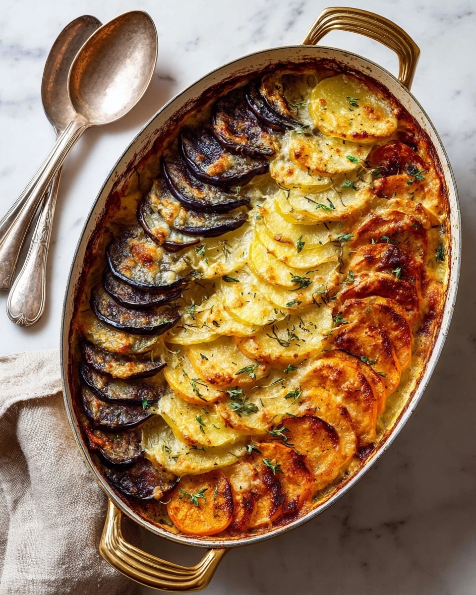 This image shows a baked vegetable gratin dish in an oval pan with golden handles, placed on a white marbled surface with two vintage silver spoons nearby and a beige cloth on the side. The gratin is arranged in five layers of thinly sliced vegetables: starting from the top, the first layer is light yellow potatoes with a crispy brown edge, followed by a dark purple layer of eggplant slices, then bright orange sweet potatoes, a second light yellow potato layer, and finally more sweet potatoes at the bottom. Each layer is evenly stacked with the edges slightly browned and sprinkled with small green herb leaves. The dish has a golden, cheesy crust with a textured bubbly look on top. photo taken with an iphone --ar 4:5 --v 7