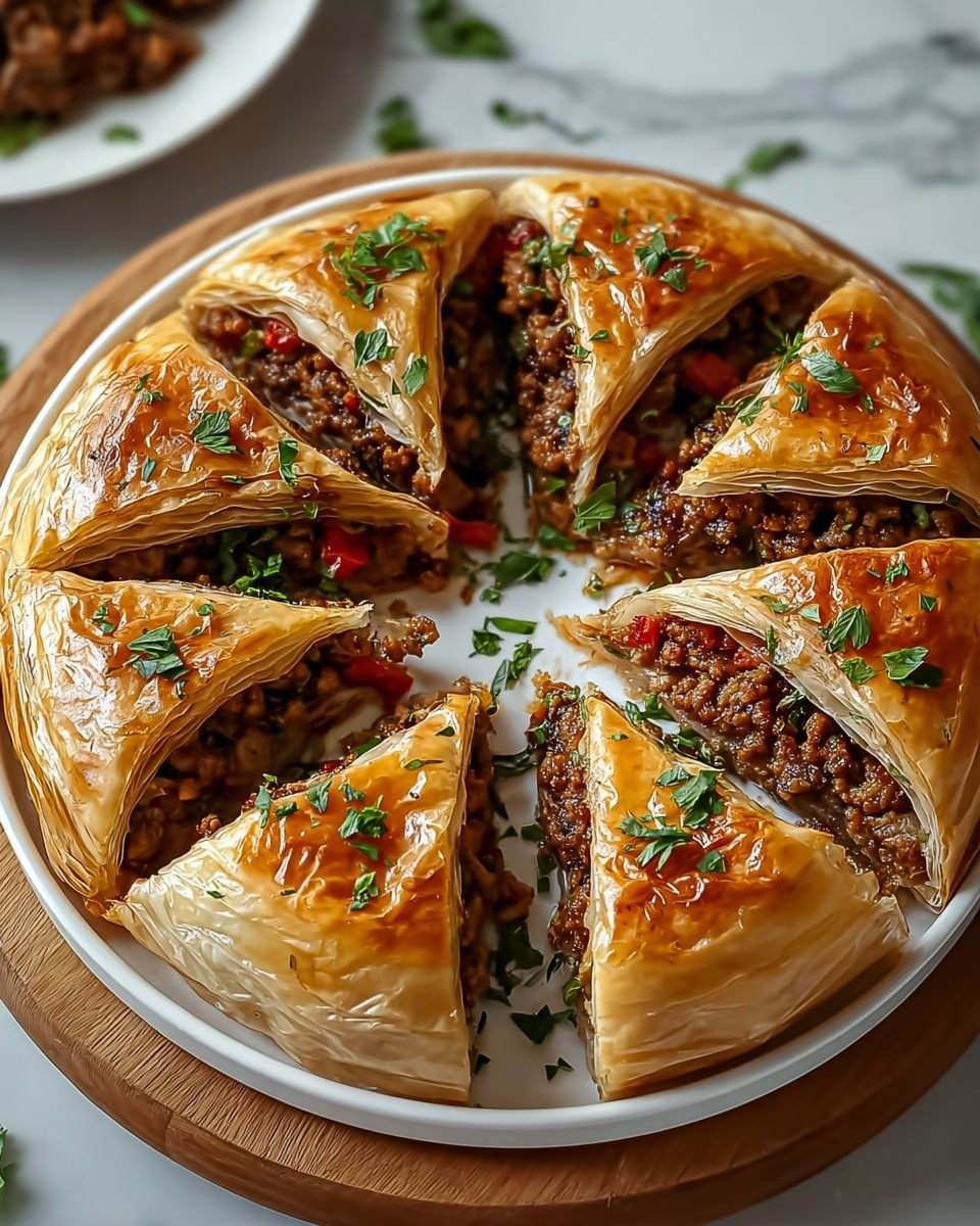 A round, golden-brown pastry pie sits on a white plate atop a wooden board, placed on a white marbled surface. The pastry is folded into thick, shiny layers forming eight triangular sections, each filled with a textured, finely chopped meat mixture that looks juicy and dark brown with visible bits of red, possibly bell peppers. Fresh green herbs are sprinkled over the top, adding color contrast. The pie is arranged in a circular shape with a small empty space in the center showing the plate beneath. Photo taken with an iphone --ar 4:5 --v 7