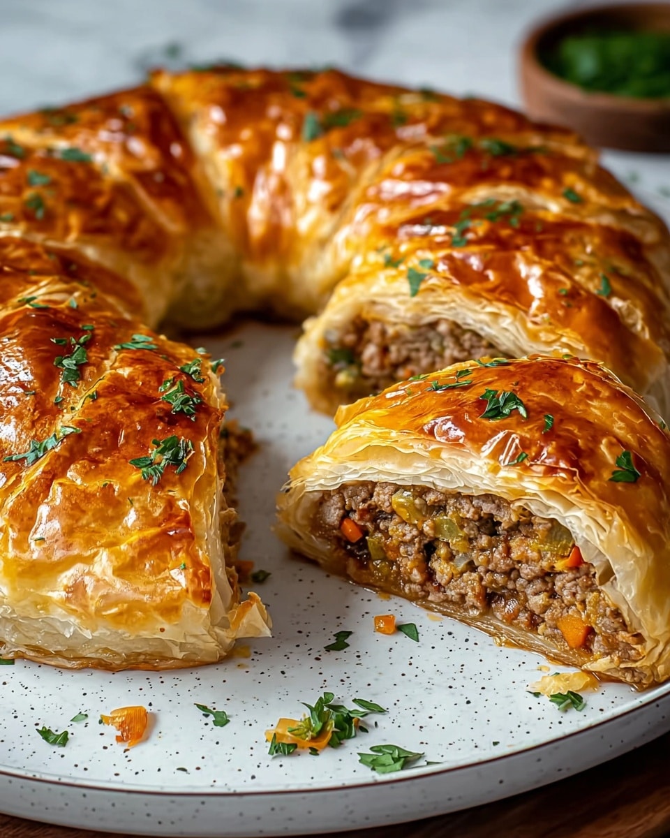 A round pastry ring with a shiny, golden-brown flaky crust made of multiple thin layers on top, revealing a thick, textured filling of finely chopped cooked meat mixed with small pieces of orange and green vegetables inside. The pastry is cut in one place to show the inside, and small green herb pieces are sprinkled on top and around the pastry. It is served on a white speckled plate, all set on a white marbled surface. photo taken with an iphone --ar 4:5 --v 7