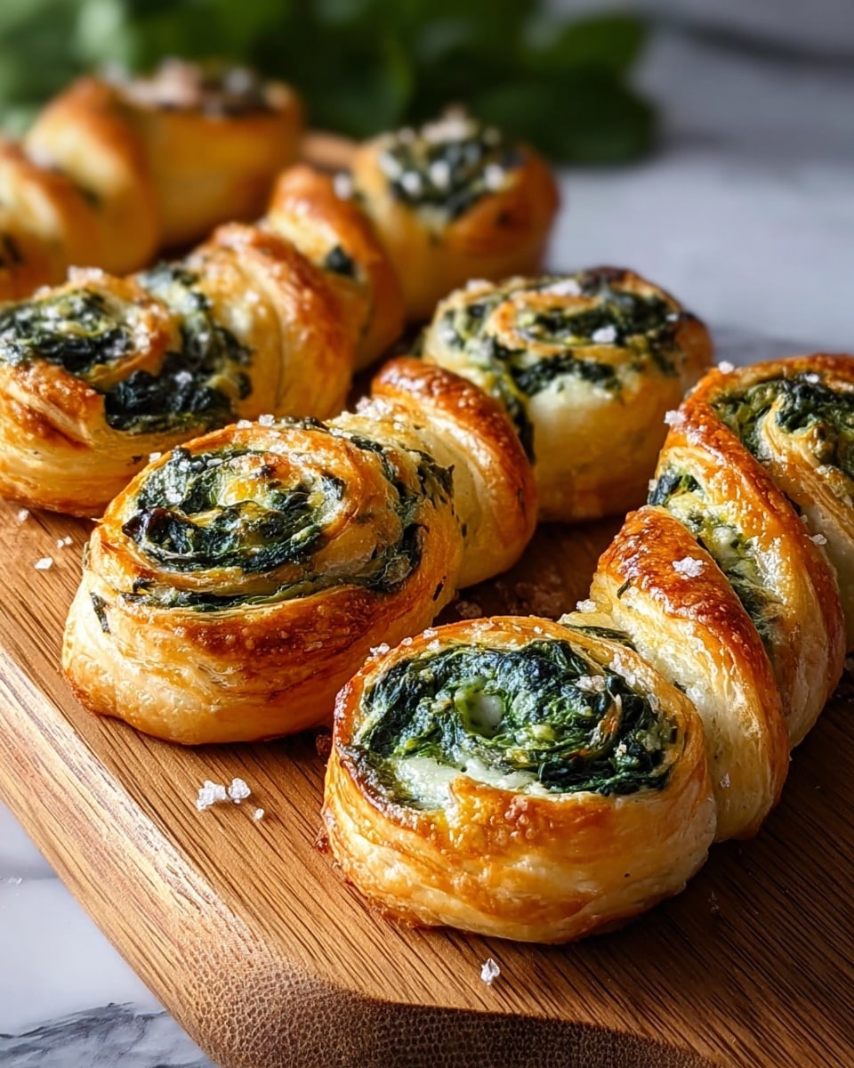 The image shows several golden-brown puff pastry twists filled with bright green spinach and white cheese, arranged close together on a wooden board. Each twist has multiple flaky layers with a shiny, crispy surface, and some coarse salt sprinkled on top. The spinach and cheese filling peeks out from the twisted pastry, creating a mix of smooth, creamy, and leafy textures with contrasting colors. The background is out of focus, highlighting the detail of the pastries in front. photo taken with an iphone --ar 4:5 --v 7