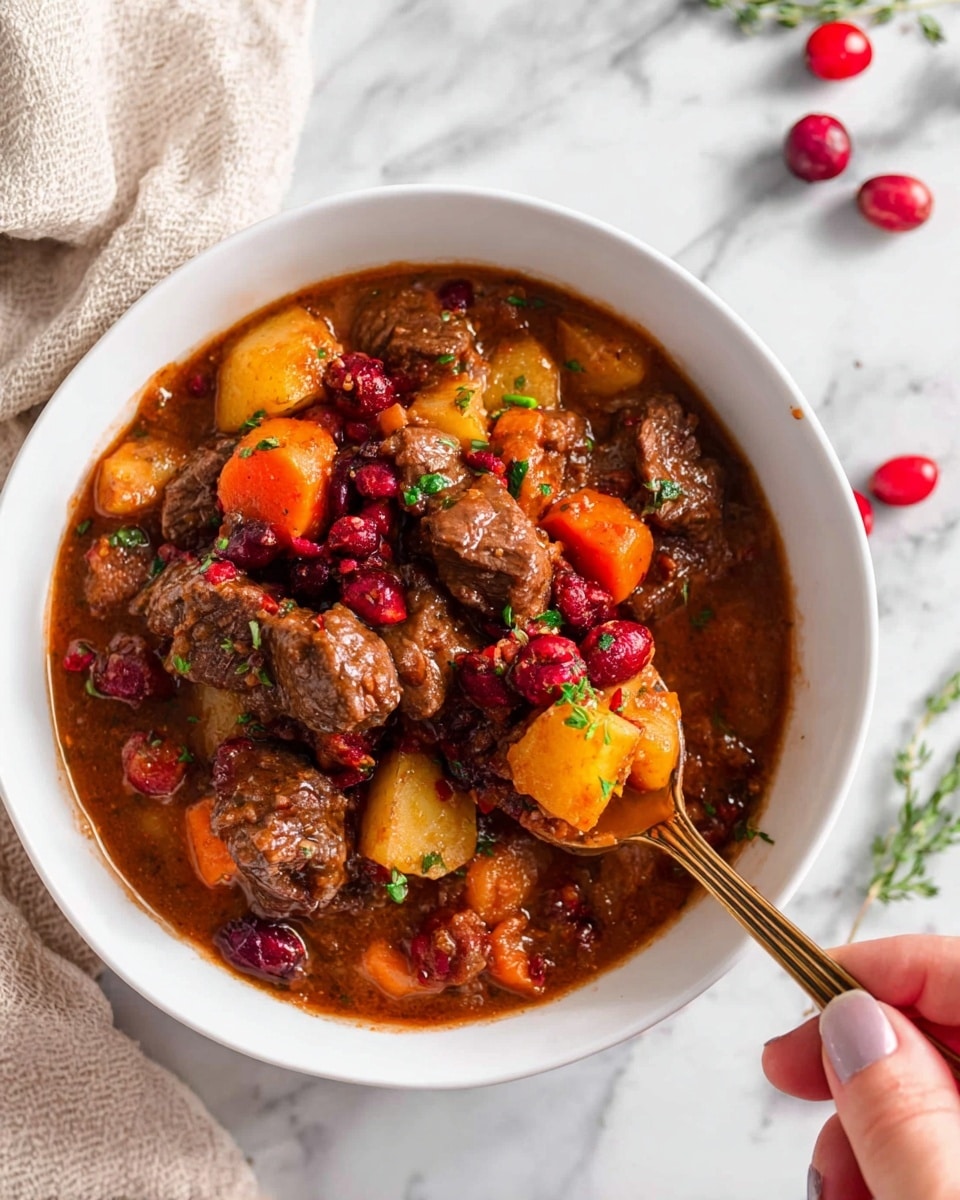 A white bowl filled with a thick stew showing several layers: large brown chunks of beef scattered on top, mixed with small, smooth orange carrot slices, soft-looking yellow potato pieces, and bright red whole cranberries adding pops of color. The stew base is a rich brown sauce with a slightly glossy texture, spreading evenly across the bowl. There are small green herb bits sprinkled on top, adding contrast. A bronze spoon is scooping some stew from the bowl, held by a woman's hand visible in the corner. The bowl is placed on a white marbled surface with a light beige cloth partially visible behind it, and a few loose cranberries and greenery nearby. photo taken with an iphone --ar 4:5 --v 7