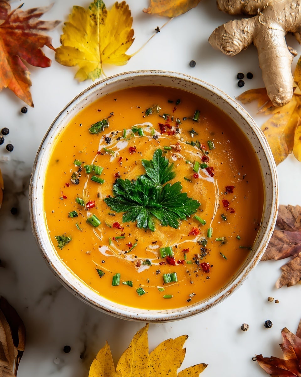 A bowl of thick orange pumpkin soup with a smooth texture fills the white bowl placed on a white marbled surface. The soup is topped with fresh green parsley leaves at the center, small pieces of green herbs, and red chili flakes scattered around. Black pepper is sprinkled over the surface, along with a light drizzle of cream creating soft swirls. Around the bowl lie autumn yellow and brown fallen leaves, fresh ginger roots, and black peppercorns, adding a seasonal touch to the scene. photo taken with an iphone --ar 4:5 --v 7