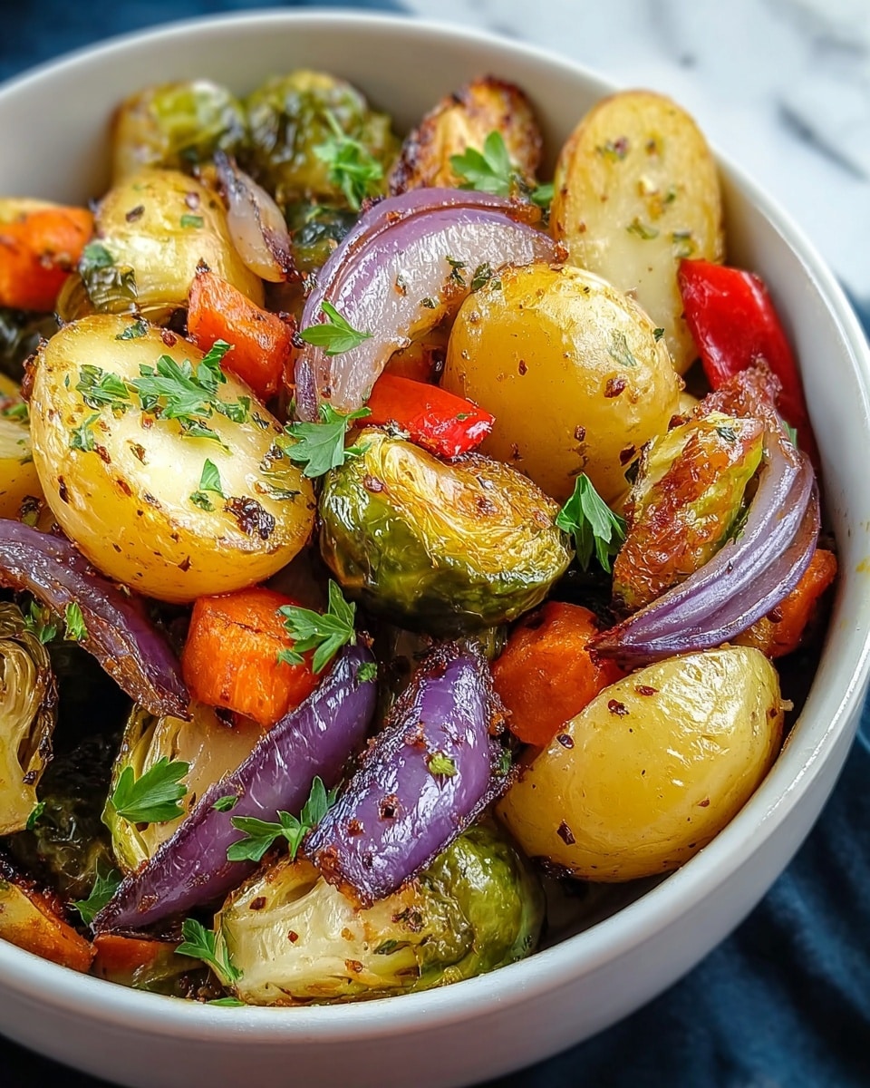 A close-up of a white bowl filled with roasted vegetables: golden brown halved baby potatoes with a slightly crispy texture, bright green Brussels sprouts with charred edges, thin slices of glossy purple onion, small orange carrot pieces, and scattered red bell pepper chunks. The vegetables are garnished with fresh green parsley leaves, adding a fresh contrast. The bowl rests on a white marbled surface. photo taken with an iphone --ar 4:5 --v 7