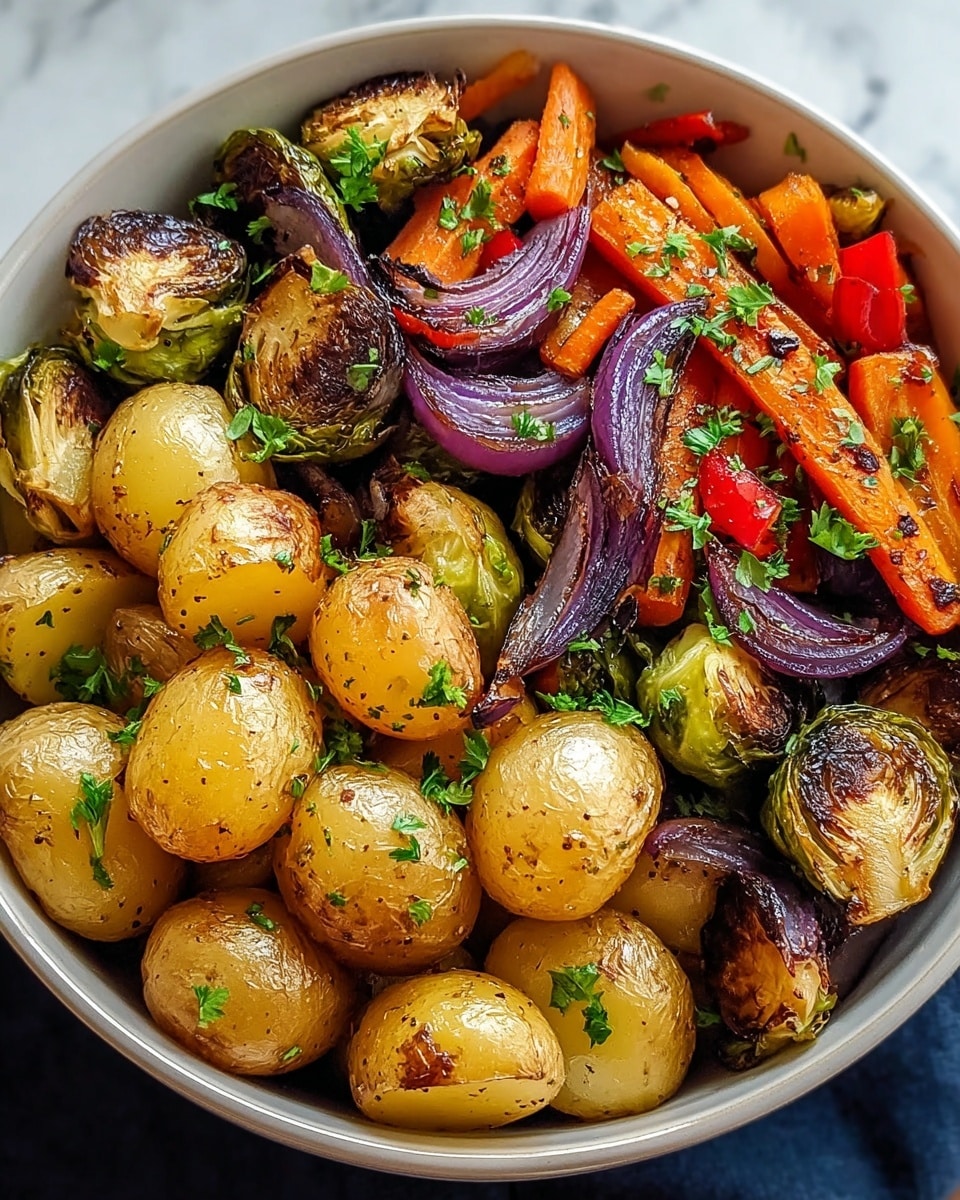 A dish with three layers of roasted vegetables inside a white bowl, the bottom layer filled with baby potatoes halved, showing a light golden brown roasted texture, the second layer has charred pieces of Brussels sprouts with green and dark brown crispy edges, and the top layer is a mix of grilled red onions sliced lengthwise with a slightly caramelized purple color, small orange carrot pieces, and bits of red bell pepper, all sprinkled with green parsley leaves for freshness, resting on a white marbled surface photo taken with an iphone --ar 4:5 --v 7