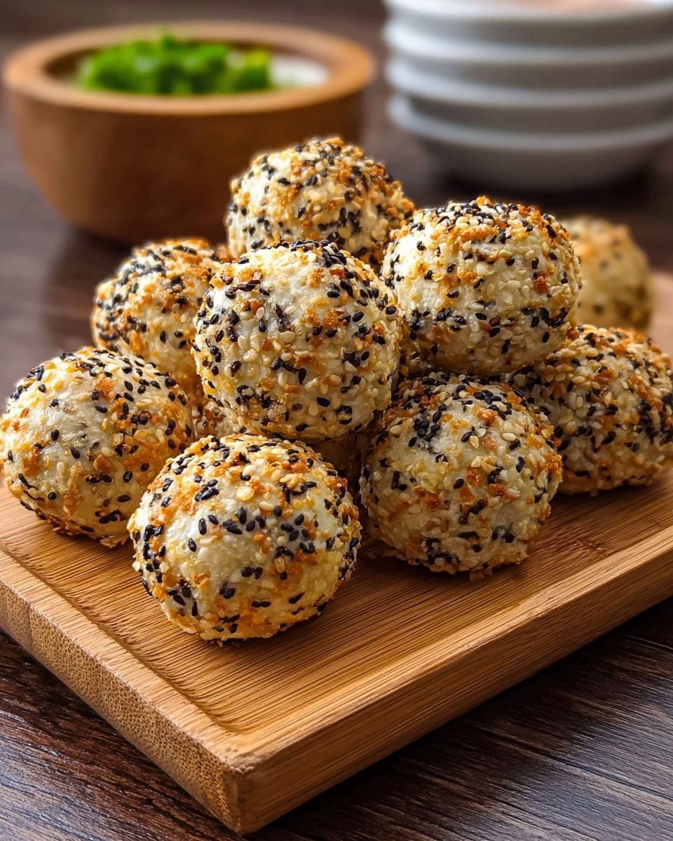 A pile of round cheese balls covered in a mix of white and black sesame seeds and lightly browned bits sits on a wooden tray with a natural grain pattern. Each cheese ball has a rough, textured surface with small black seed specks evenly spread all over. The tray rests on a dark wooden table, and in the background, a blurred wooden bowl with green garnish is visible, along with stacked white bowls. The photo is taken close-up, showing the crunchy texture of the cheese balls very clearly. Photo taken with an iphone --ar 4:5 --v 7