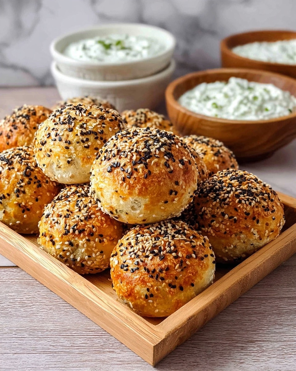 A pile of small, round bread rolls covered with black and white seeds rest on a wooden tray, each roll showing a golden brown crust with a rough, textured surface from the seeds. Behind the tray, there are two small bowls, one white and stacked with other white bowls, filled with a creamy white dip that has green herbs mixed in, and another wooden bowl with more of the same dip. The scene is set against a white marbled texture surface. photo taken with an iphone --ar 4:5 --v 7