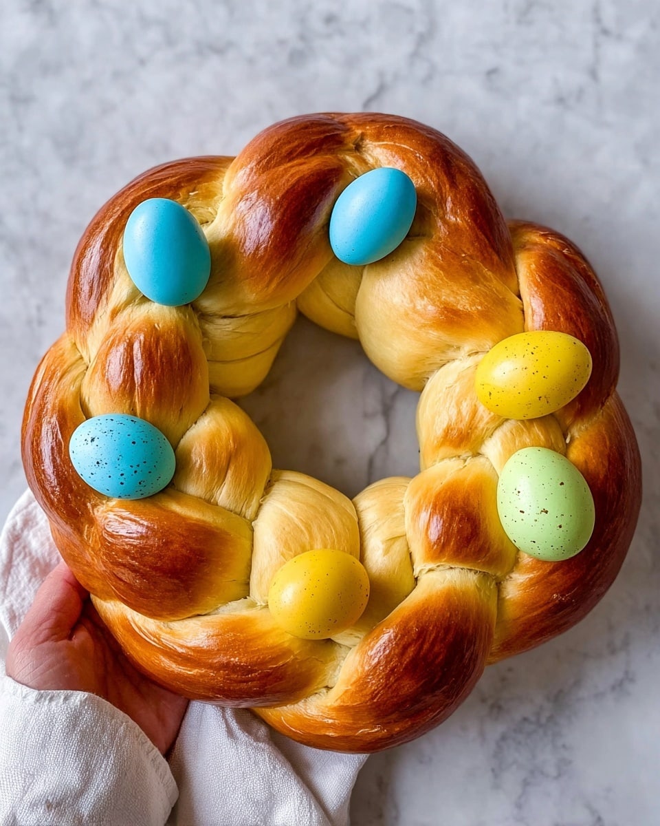 A shiny braided bread wreath with soft golden brown and lighter yellow shades forms the base, its texture showing smooth, fluffy strands woven together in a thick circular shape with a hollow center. Five smooth, dyed eggs are placed evenly around the wreath on top; two are light blue, one is bright yellow, one is light green with tiny speckles, and one is turquoise blue. The bread is held by a woman's hand wrapped in a white cloth on the left side, against a white marbled texture background. photo taken with an iphone --ar 4:5 --v 7