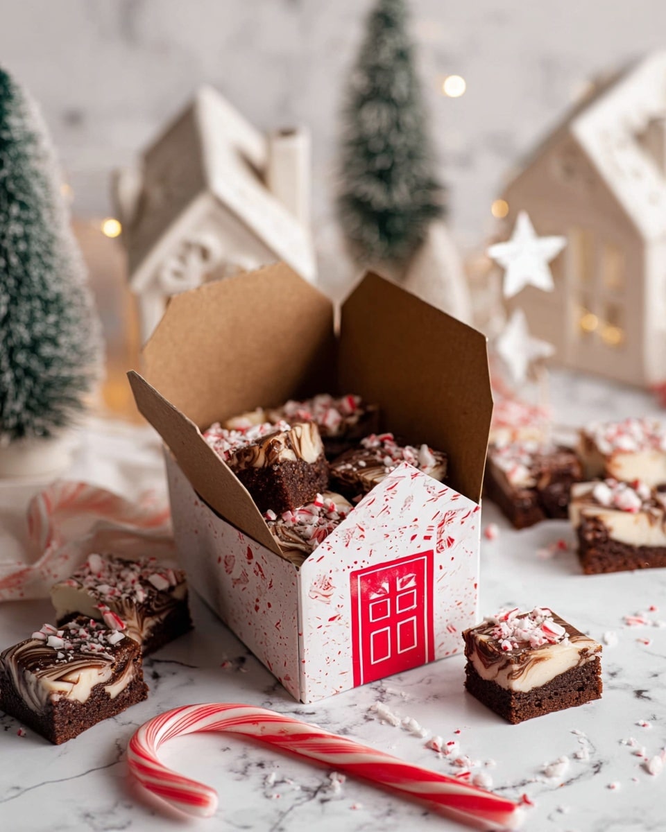 The image shows a small, open cardboard box designed like a gingerbread house with red and white painted door and window details, sitting on a white marbled surface. Inside the box are square layered peppermint brownies, each with a dark brown chocolate base, a swirled white and light brown middle layer, and topped with crushed red and white peppermint pieces. Around the box, more peppermint brownies are scattered, some topped with bits of candy cane, along with a whole red and white striped candy cane lying on the surface. In the background, there are decorative white ceramic houses with star cutouts and two snow-covered pine trees, all set against a soft-focus white marbled backdrop. photo taken with an iphone --ar 4:5 --v 7