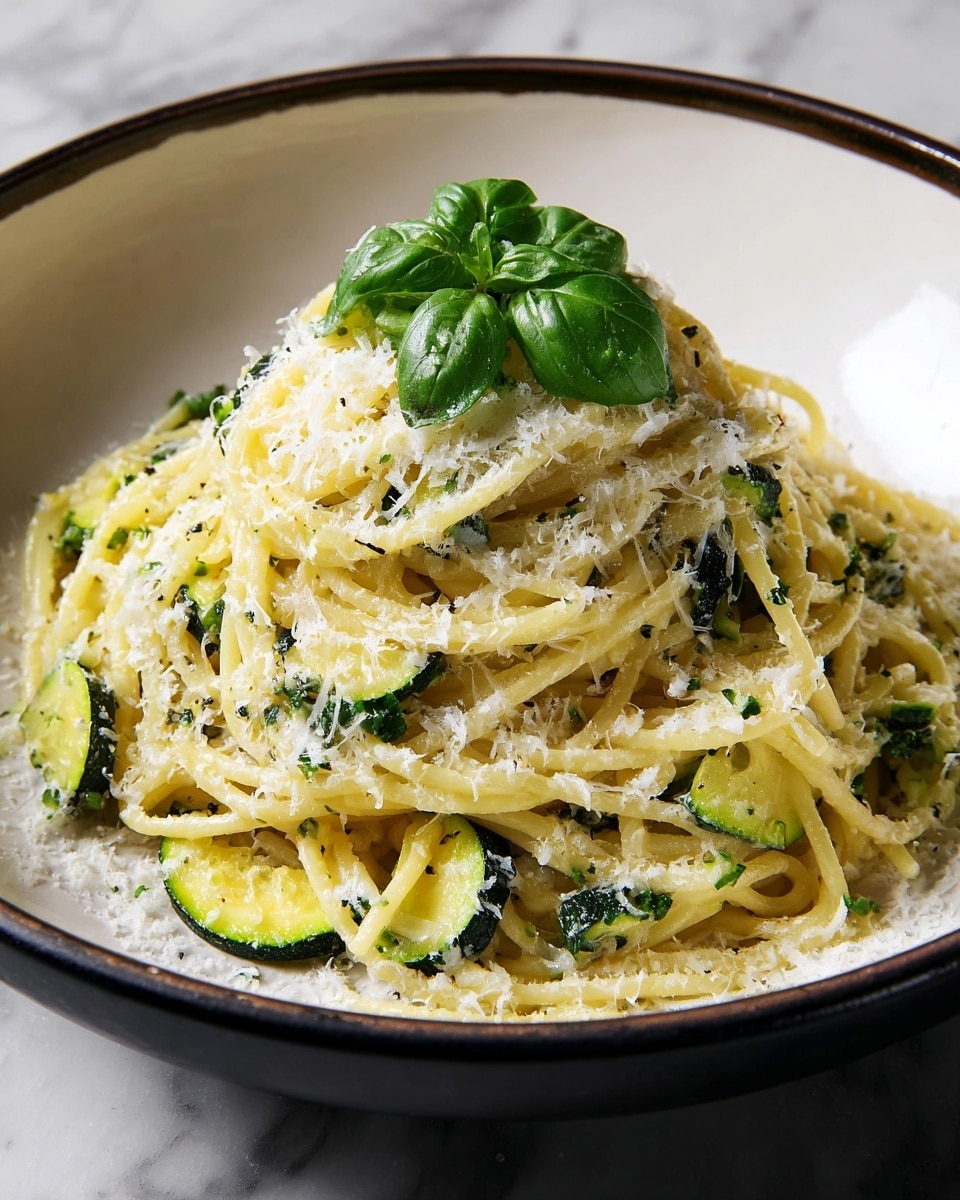 A white bowl with a dark rim holds a serving of spaghetti pasta mixed with sliced green zucchini and small bits of dark green herbs. The pasta is creamy and lightly coated with sauce, with a generous layer of finely grated white cheese sprinkled over the top. A small bunch of fresh green basil leaves sits at the peak of the pasta mound in the center. The bowl is placed on a surface with a white marbled texture. photo taken with an iphone --ar 4:5 --v 7