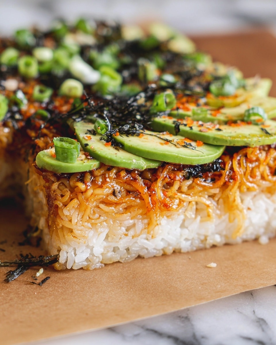 A close-up of a layered dish showing three main layers: the bottom layer is white, sticky rice with a slightly rough texture; the middle layer is made of crispy golden-brown fried noodles mixed with a saucy, orange-colored topping; and the top layer features thick slices of light green avocado with dark green edges, sprinkled with small pieces of black seaweed and chopped green onions. The dish is placed on brown parchment paper, on a white marbled surface. photo taken with an iphone --ar 4:5 --v 7