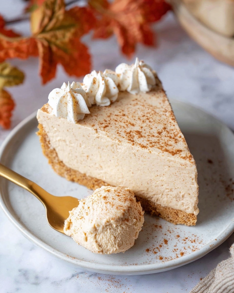 A slice of creamy tan pie with small cinnamon specks sits on a white plate, showing two clear layers: a slightly darker crumbly crust at the bottom and a thick, smooth mousse layer above it. On top, there is a decorative line of white whipped cream dusted with cinnamon powder, placed towards the back edge. A gold fork holding a scoop of the same mousse rests in front of the pie slice. The setting includes autumn-colored leaves in the upper background and the dish is placed on a white marbled surface. Photo taken with an iphone --ar 4:5 --v 7