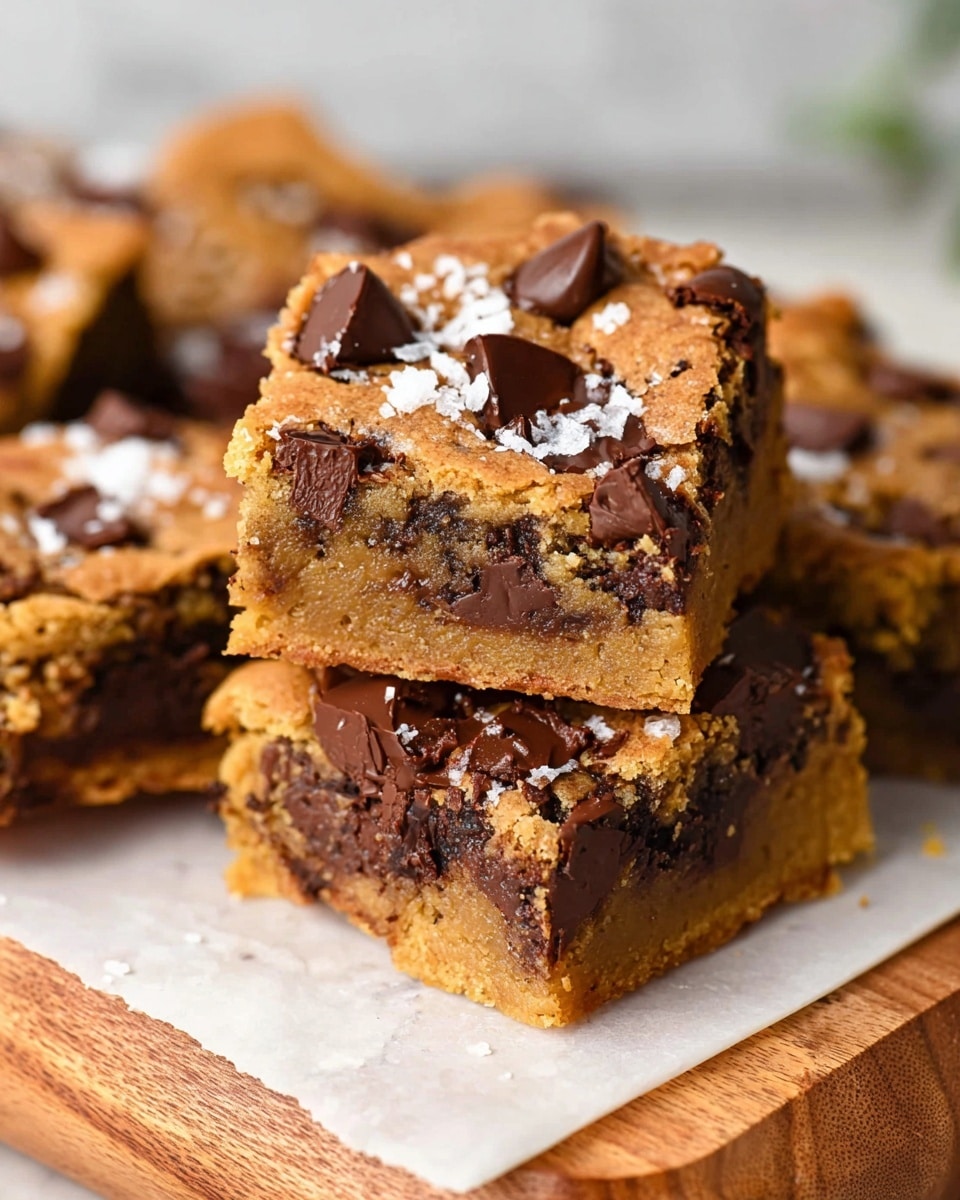 The image shows a stack of three thick square pieces of chocolate chip blondie on a white marbled surface. Each blondie has a golden-brown top layer with melted dark chocolate chunks scattered unevenly and some white flakes sprinkled on top. Inside, the pieces reveal a chewy and dense light brown middle with more dark chocolate chips embedded. The edges are slightly crisp and darker brown with a moist interior. The blondies are placed on a piece of white parchment paper over a wooden board, adding a natural texture in the background. Photo taken with an iphone --ar 4:5 --v 7