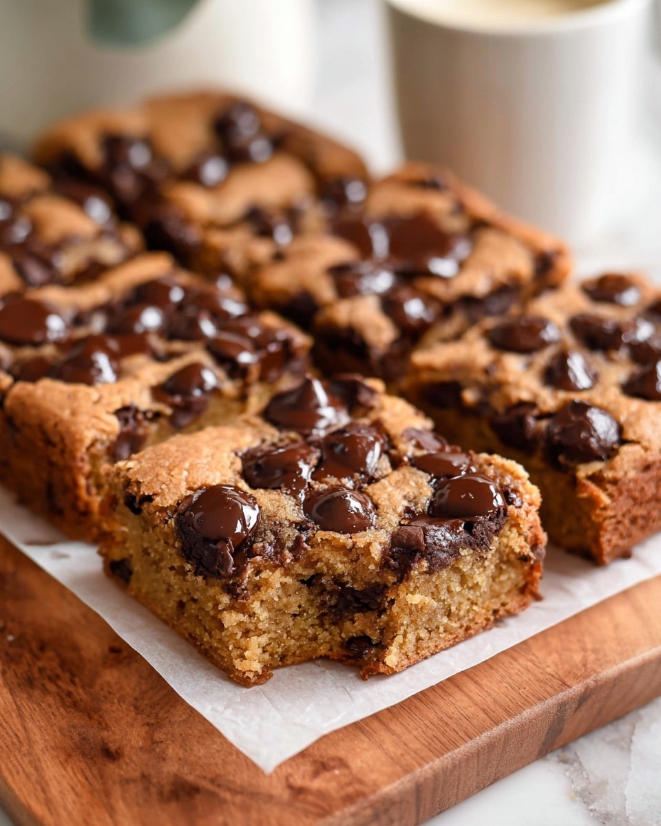 The image shows a thick, square-shaped chocolate chip cookie bar cut into smaller squares, placed on white parchment paper over a wooden board. The cookie bars have a golden-brown top layer with many glossy, melted dark chocolate chips scattered evenly across the surface. The texture of the top looks slightly cracked and crumbly, while the inside appears soft and moist with visible chocolate chips embedded throughout. The overall look is warm and inviting, with the chocolate chips melting slightly over the edges. In the blurry background, there is a white cup and a white marbled surface. photo taken with an iphone --ar 4:5 --v 7