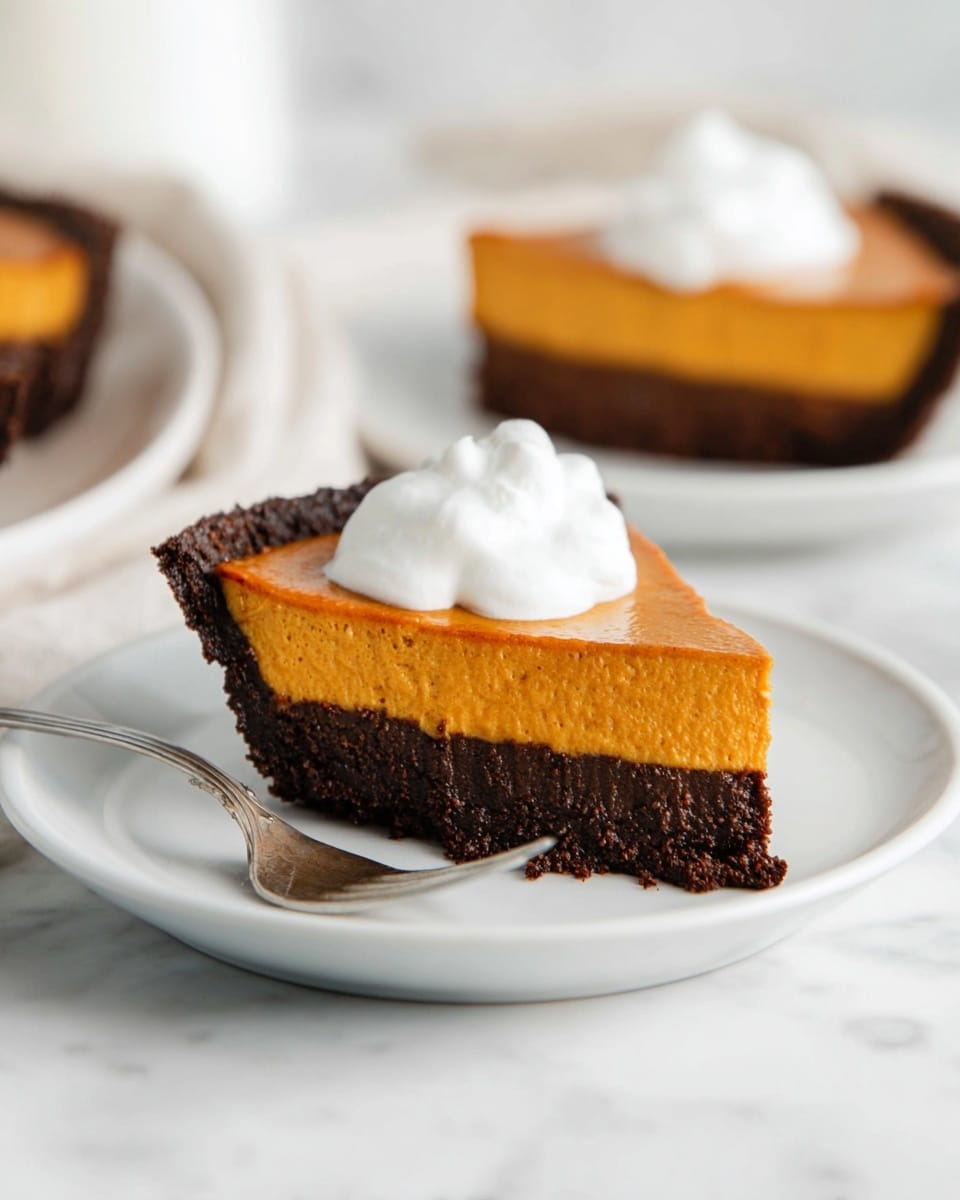 A slice of pie is on a white plate with a white marbled surface underneath. The pie has two layers: a thick, smooth orange pumpkin layer on top and a dark, rich chocolate crust at the bottom. A dollop of white whipped cream sits on top of the pumpkin layer. A piece of the pie is cut and resting on a fork to the left side of the slice, showing the creamy texture of the pumpkin layer and the dense crust. Another similar slice is blurred in the background on another white plate. The lighting is soft and natural, highlighting the colors and textures of the pie. Photo taken with an iphone --ar 4:5 --v 7