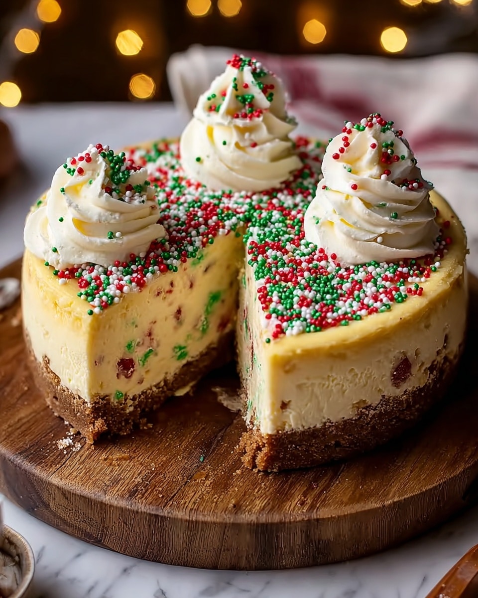 A round cheesecake with a crumbly brown crust base sits on a wooden board. The cheesecake filling is creamy yellow with red and green specks mixed throughout it. A wedge has been cut out, showing the inside texture clearly. On top, there are two small swirls of white whipped topping, each sprinkled with red, green, and white tiny round sprinkles, which also cover the entire top surface of the cheesecake. The background is soft and blurry with warm lights, resting on a white marbled texture. Photo taken with an iphone --ar 4:5 --v 7