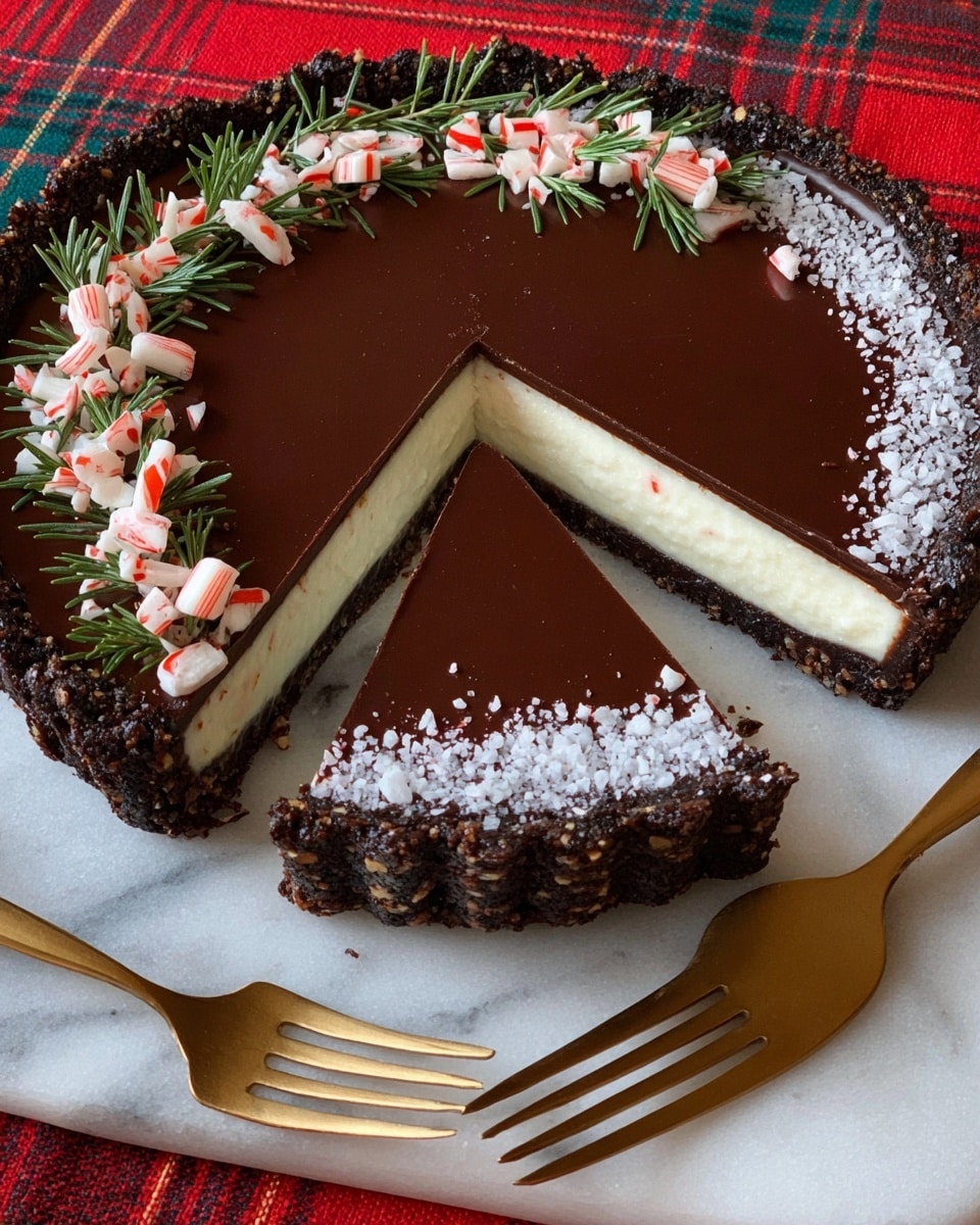 A round tart with one slice removed shows three layers: a crumbly dark brown crust, a thick creamy white middle layer, and a smooth glossy dark chocolate top layer. The tart is decorated with a line of green rosemary sprigs, small pink and white peppermint candy pieces, and white sugar crystals running down one side. The tart is on a white marbled surface with a red and green plaid cloth beneath. Two gold forks are placed to the right. Photo taken with an iphone --ar 4:5 --v 7