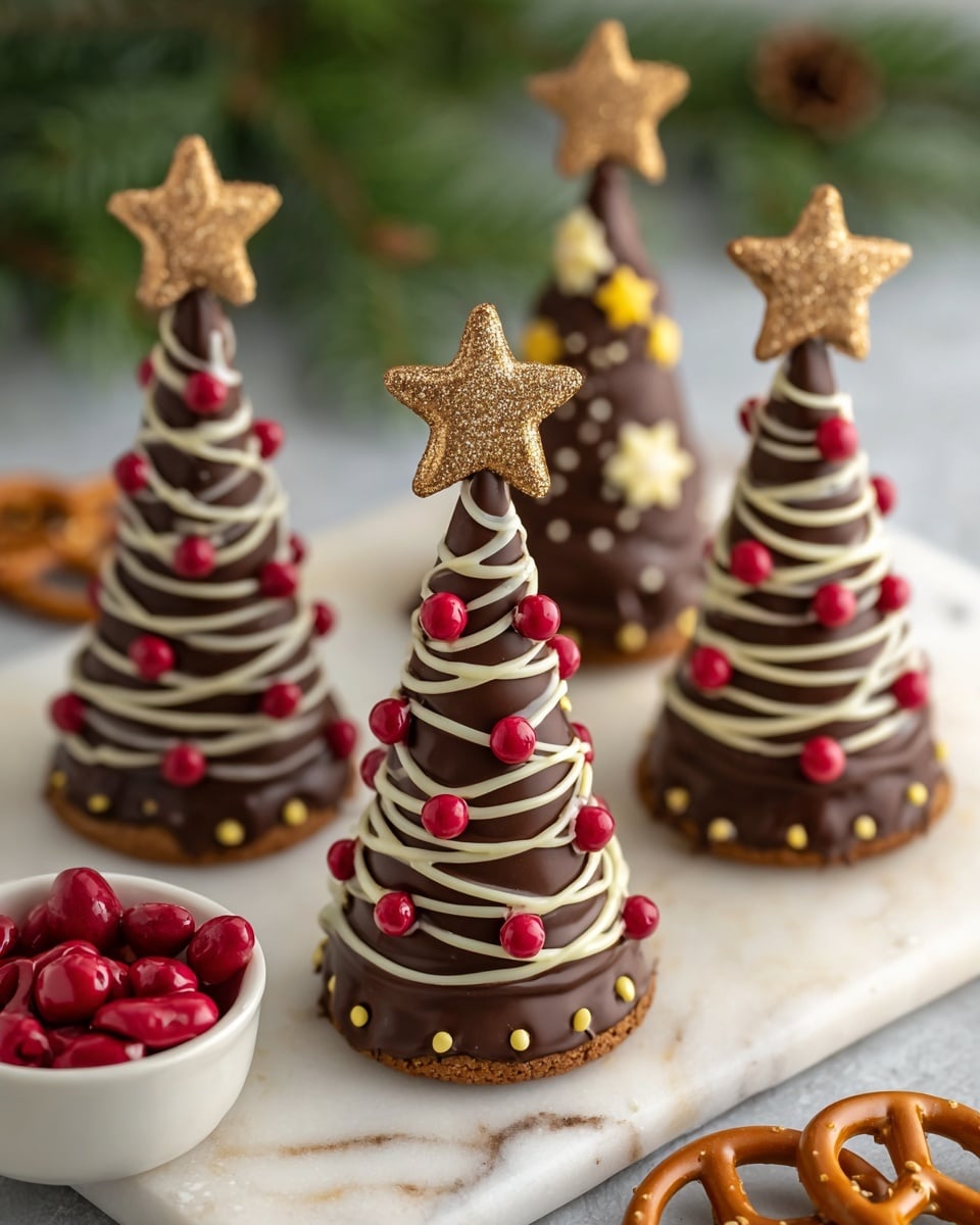 The image shows four small Christmas tree-shaped chocolate treats placed on a white marbled textured surface with some green pine branches blurred in the background. Each chocolate tree has a base that looks like a round chocolate cookie with gold dots around the edges. The cone-shaped chocolate trees have smooth dark brown surfaces decorated with white or light brown swirls and dots. There are red round candy balls evenly spaced on most of the trees and small yellow star-shaped candies on one tree. Each chocolate tree is topped with a shiny golden star cookie that looks glittery. Nearby, there is a white bowl filled with red round candies and a chocolate pretzel on the marbled surface. photo taken with an iphone --ar 4:5 --v 7