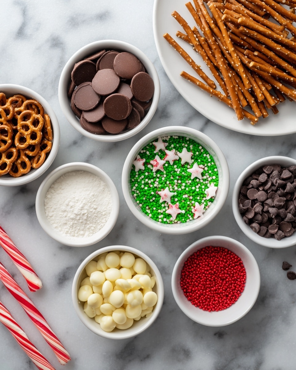 A top-down view showing several small white bowls placed on a white marbled surface, each filled with different ingredients: one bowl has round brown pretzel-shaped snacks, another contains smooth dark brown chocolate disks, a third holds fine white powder, a fourth is filled with bright green and red round sprinkles with small white star shaped sprinkles on top, a fifth has creamy white round candy pieces, another bowl has tiny dark brown chocolate chips, and the last bowl contains small shiny red round sprinkles. To the right, there is a white round plate with light brown pretzel sticks scattered on it. A red and white striped candy cane is partially visible in the lower left corner. photo taken with an iphone --ar 4:5 --v 7