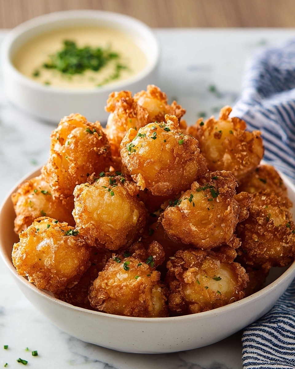 A white bowl is full of small, round, golden-brown fried bites with a crispy, textured outside and a slightly rough surface, sprinkled with small green herb pieces. Each fried piece has layers of thick, crunchy coating that looks light and bubbly, showing some pale inside parts peeking through. In the background, there is a white bowl with a creamy, light yellow sauce topped with chopped green herbs, set on a white marbled surface with a folded blue and white striped cloth beside it. photo taken with an iphone --ar 4:5 --v 7