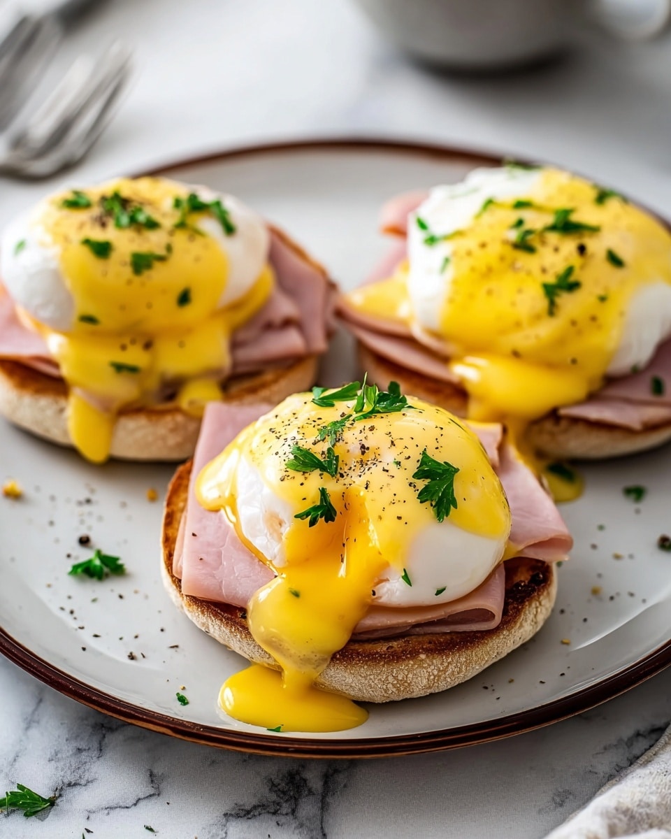 Three eggs Benedict are arranged on a white plate with a dark brown rim, set on a white marbled surface. Each serving has three layers: a toasted English muffin base in light brown with a slightly crispy texture, topped by a slice of pink ham, then a layer of smooth, bright yellow hollandaise sauce dripping down the sides, and finally, a perfectly poached egg with a shiny white exterior and a slightly runny, golden-yellow yolk. The eggs are sprinkled with finely chopped green parsley and a few black pepper flakes, adding color contrast. Photo taken with an iphone --ar 4:5 --v 7