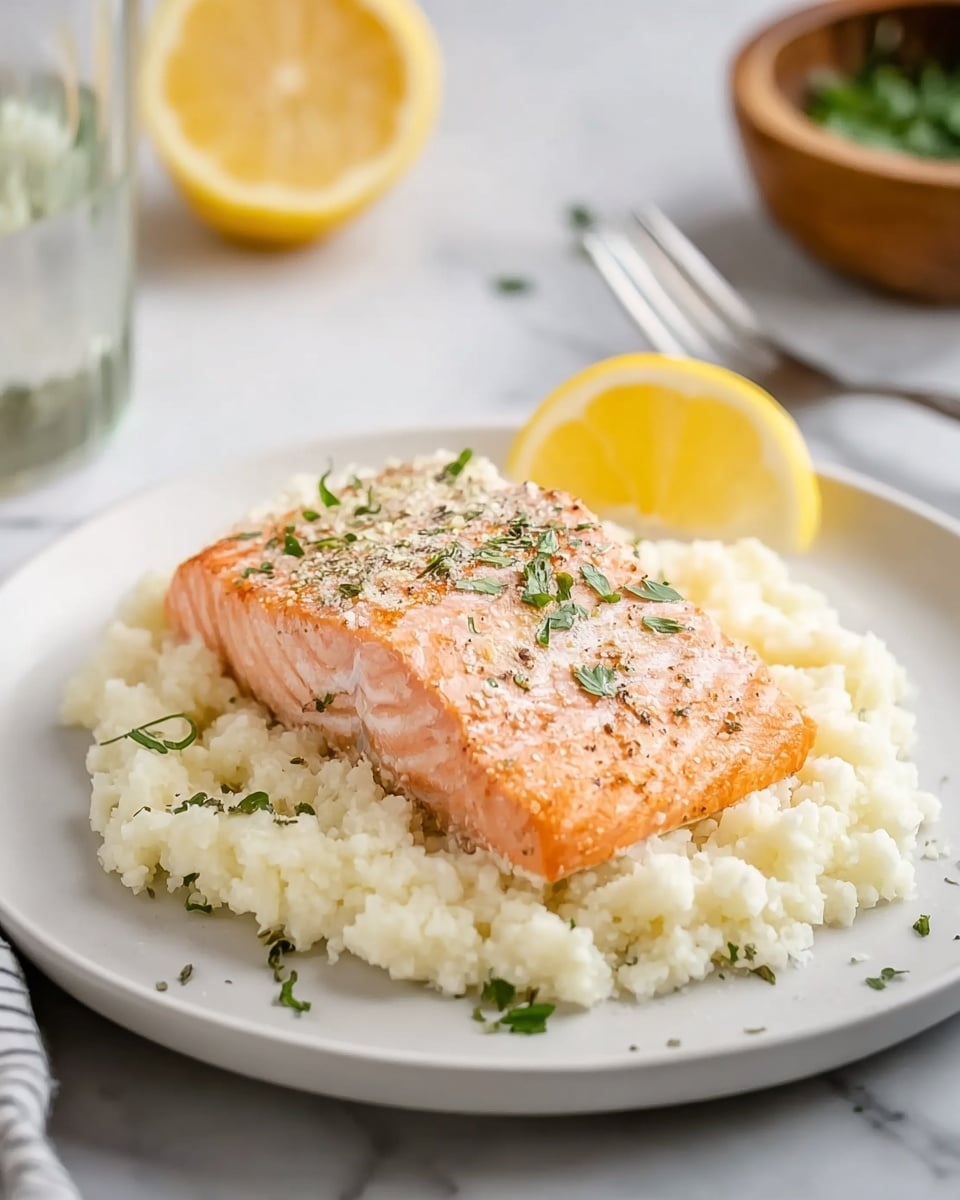 A cooked salmon fillet with a pink and slightly shiny texture sits on top of a ring of creamy, white cauliflower rice on a white plate; a yellow lemon wedge rests beside the salmon, and small green herb leaves are scattered on the salmon and cauliflower rice. The plate is on a white marbled surface, with a blurred lemon half and glass in the background, and a wooden bowl with green herbs and a fork to the side. photo taken with an iphone --ar 4:5 --v 7