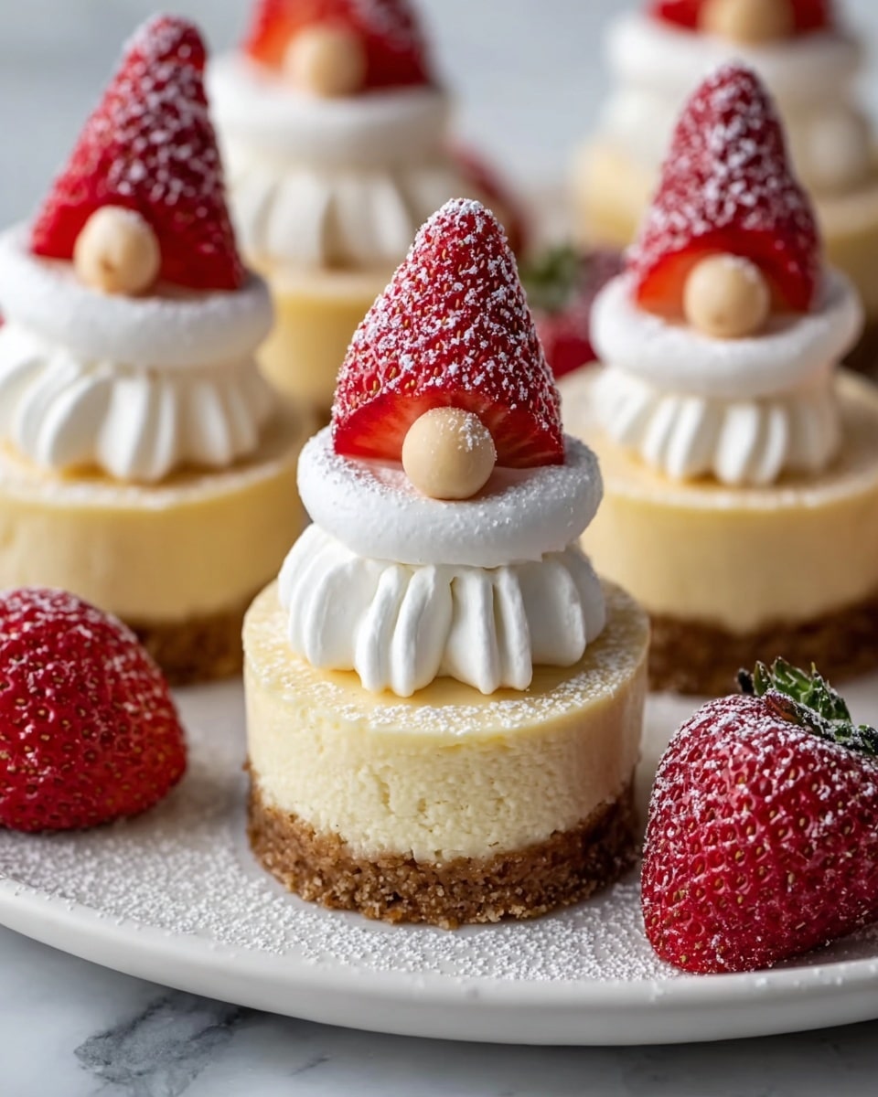 The image shows small round cheesecakes on a white plate with a crumbly brown base and smooth pale yellow cheesecake layer above it. Each is topped with a thick ring of white whipped cream, shaped like a beard, and a red strawberry cut in half placed upside down like a hat on top of the cream. A small round beige candy or nut is placed just below the strawberry hat as a nose. There are extra whole strawberries dusted with powdered sugar around the cheesecakes, and more powdered sugar lightly covers the cheesecakes and the plate on a white marbled surface. Photo taken with an iphone --ar 4:5 --v 7