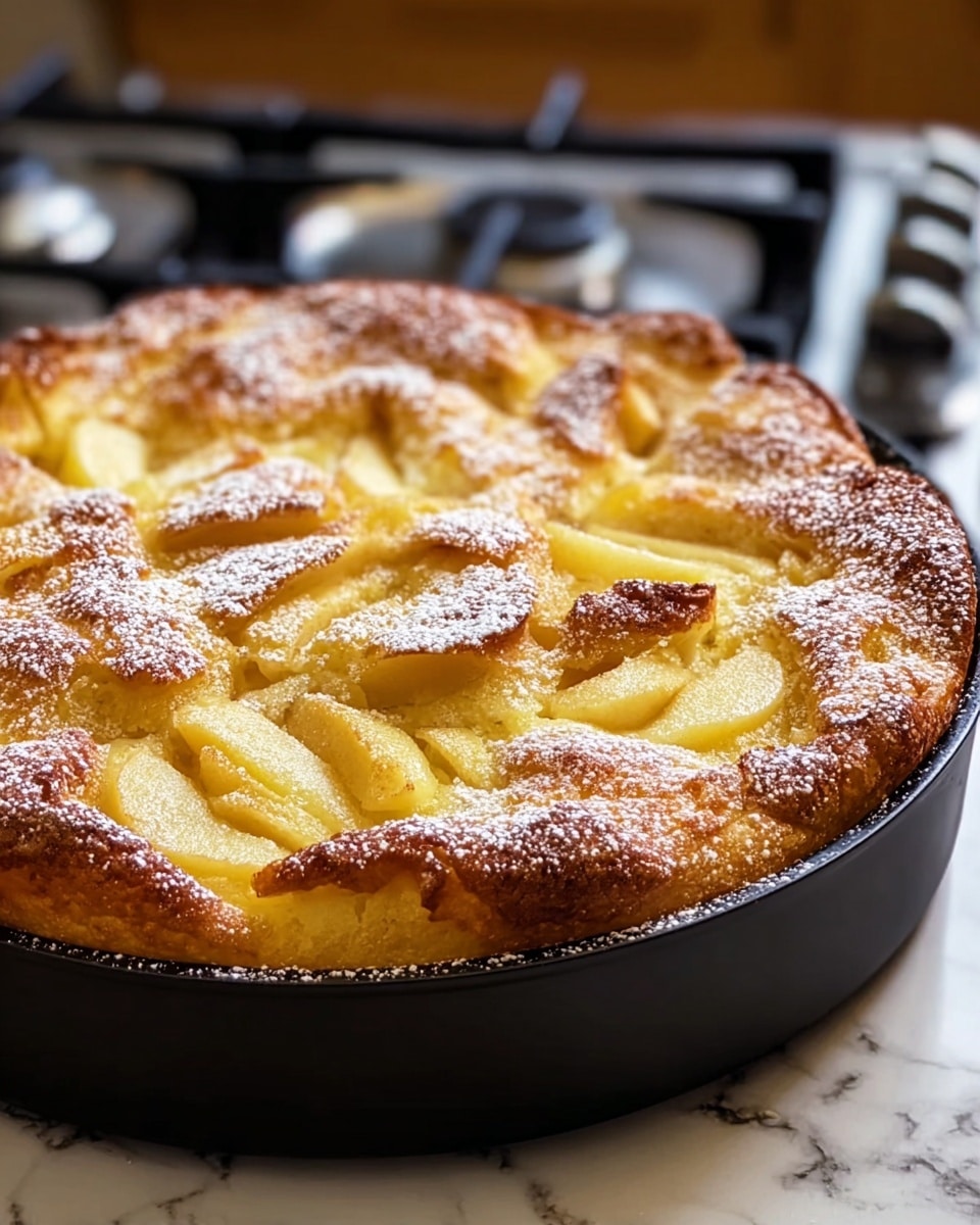 A round baked dish inside a black pan shows a golden brown top layer with slightly crispy edges. The top has uneven, soft pockets with baked, sliced yellow apples scattered and partially submerged in the dough. The surface is lightly dusted with white powdered sugar, giving a delicate shimmer. The baked dough has a fluffy, slightly puffed texture, with some smooth and some cracked areas showing a mix of light yellow and brown tones. The pan sits on a white marbled surface with a blurred kitchen stovetop seen in the background. photo taken with an iphone --ar 4:5 --v 7