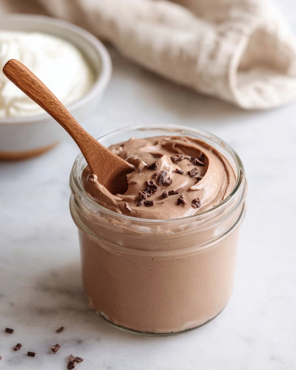 A clear glass jar filled with smooth, light brown chocolate mousse that has a creamy, soft texture with small chocolate bits sprinkled on top. A wooden spoon is dipped into the mousse, showing the thick, fluffy consistency as it swirls gently inside the jar. In the background, there is a white bowl with white cream and a beige cloth, all set on a white marbled surface. photo taken with an iphone --ar 4:5 --v 7