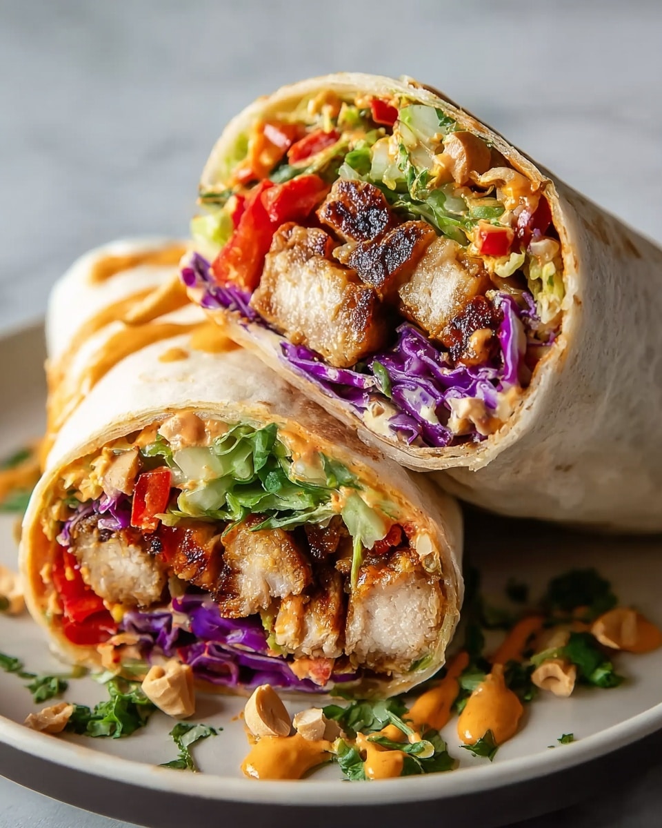 The image shows two halves of a wrap placed on a white plate with a white marbled surface underneath. Each wrap has a visible outer white tortilla layer, tightly holding colorful fillings. Inside, there are several layers: a layer of grilled, browned chicken with a slightly charred texture in the center, surrounded by a mix of bright purple cabbage, red bell peppers, and green lettuce or herbs. An orange creamy sauce is drizzled over many of the layers, adding a smooth texture. Some crushed nuts and fresh green herbs are sprinkled around and on top of the wrap halves, adding extra detail. Photo taken with an iphone --ar 4:5 --v 7
