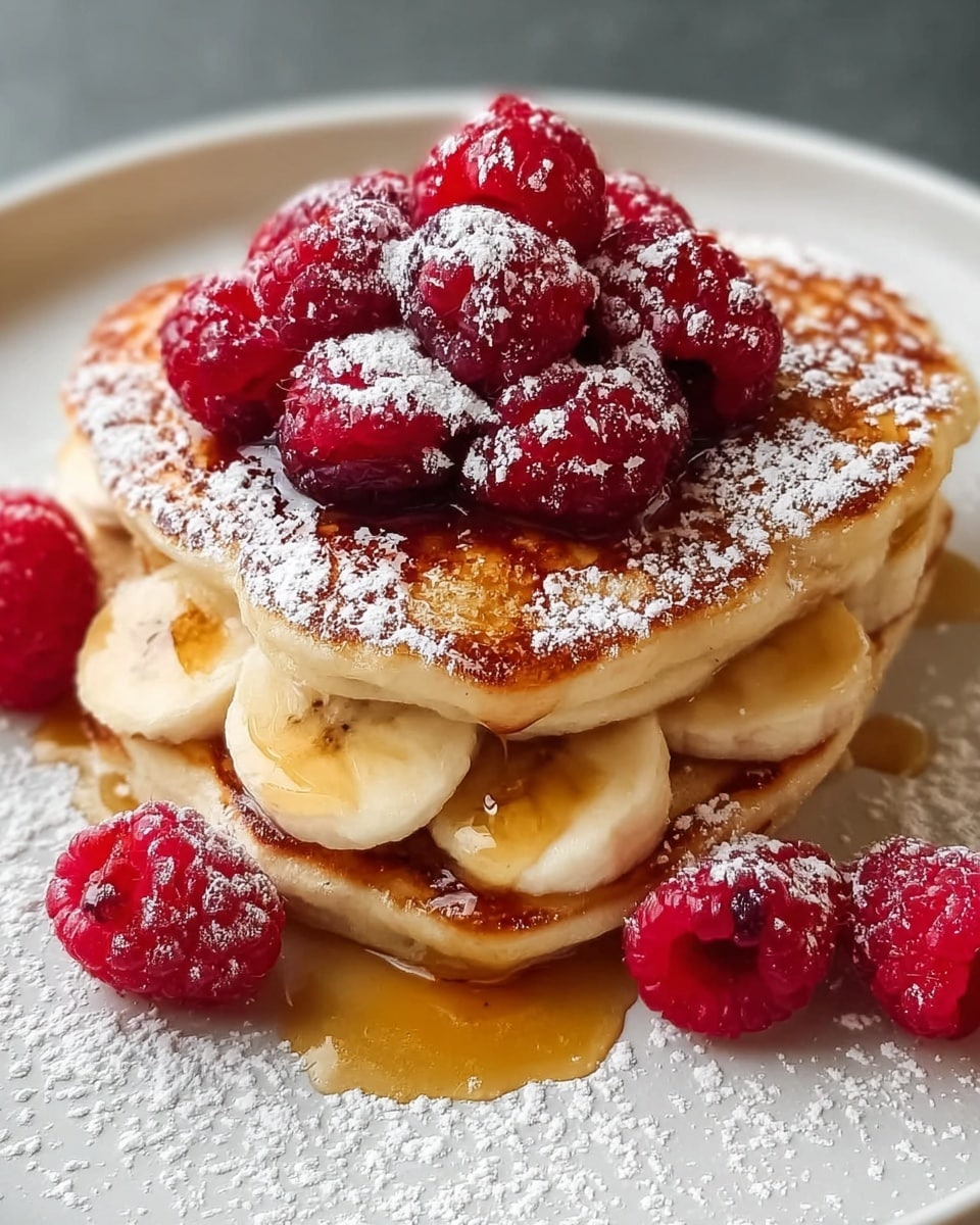 A stack of two golden-brown pancakes sits on a white plate with a white marbled texture below, layered in the middle with thick, round banana slices showing a soft yellow color. The top pancake is dusted with white powdered sugar and topped with bright red raspberries that shine with a drizzle of honey or syrup, which also glistens slightly on the pancakes and some raspberries around the plate. Photo taken with an iphone --ar 4:5 --v 7