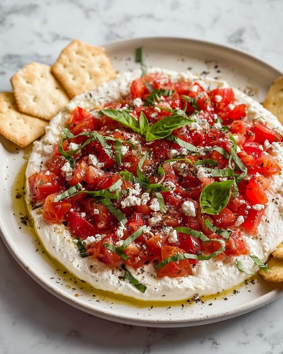 The dish shows a round white plate with a thick base layer of smooth white cream cheese spread evenly. On top of this is a generous layer of bright red chopped tomatoes mixed with small white crumbled cheese pieces scattered throughout. Thin strips of fresh dark green basil leaves are sprinkled over the tomatoes, adding freshness and color contrast. The dish is lightly drizzled with golden olive oil and a touch of black pepper, creating a slightly glossy finish. Around the plate are a few light beige crackers, and the background has a white marbled texture. photo taken with an iphone --ar 4:5 --v 7