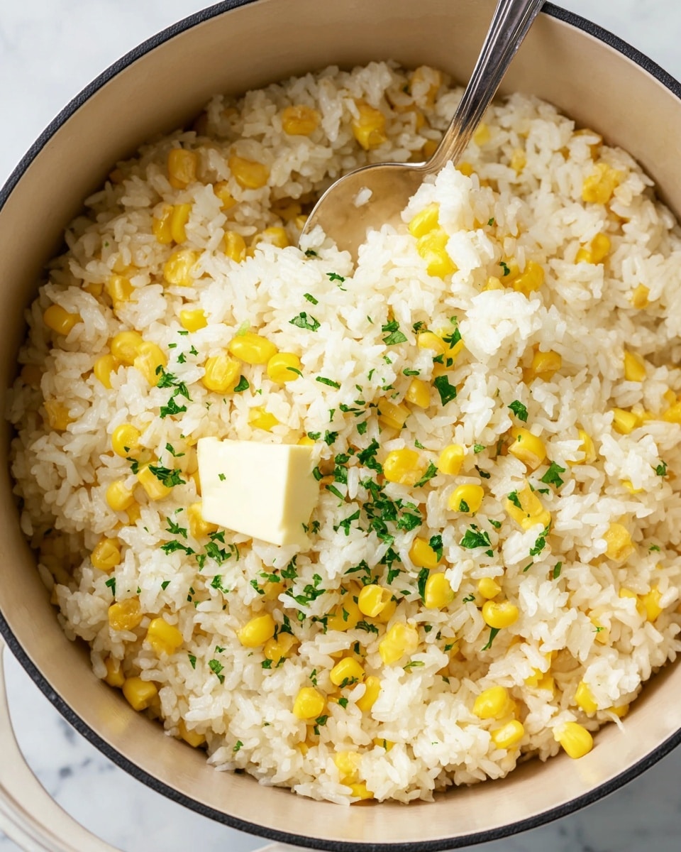 A close-up view inside a light beige pot filled with cooked white rice and yellow corn kernels mixed evenly. On top, small bits of chopped green parsley are scattered for color contrast. A shiny silver spoon inside the pot holds a small square of melting butter over the rice and corn mix. The background shows a white marbled surface. photo taken with an iphone --ar 4:5 --v 7
