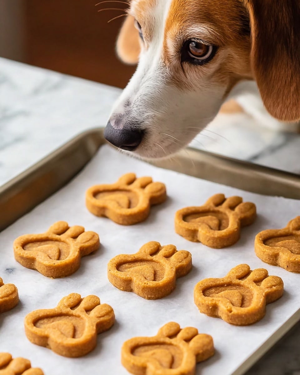 A baking tray lined with white parchment paper holds nine thick, orange-brown paw-shaped treats, each with an embossed paw pattern on top, giving them texture and dimension. The treats have a soft, grainy appearance, arranged in a loose grid across the tray. In the background, a curious dog with tan and white fur, a brown ear, and a focused brown eye sniffs near the tray, adding a sense of anticipation. The tray rests on a white marbled surface, creating a clean and bright setting. photo taken with an iphone --ar 4:5 --v 7