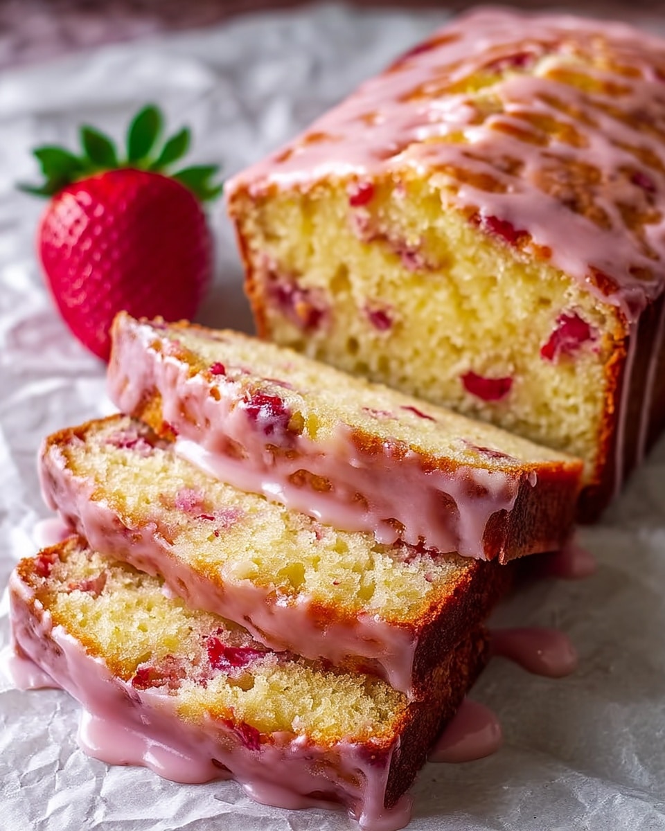 The image shows two slices of a yellow cake with visible red fruit pieces inside, likely strawberries, placed on a crinkled white paper over a white marbled texture. The cake has a soft, moist texture with a slightly browned crust on the edges. On top, there is a light pink glaze that drips slightly down the sides. Beside the slices, a whole fresh red strawberry with green leaves is placed, adding a bright color contrast. Photo taken with an iphone --ar 4:5 --v 7
