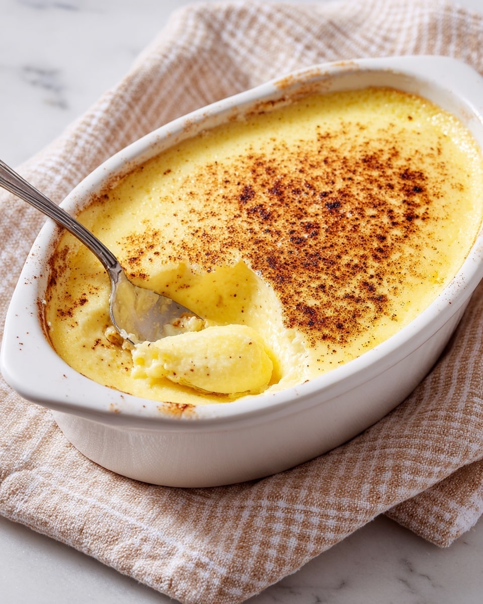 A white ceramic oval dish is filled with a creamy yellow pudding that has a smooth texture, topped with a lightly browned, slightly speckled layer of cinnamon or nutmeg. A silver spoon is scooping into the pudding from the left side, showing a thick and soft inside. The dish is set on a beige and white checkered cloth over a white marbled surface. The edges of the dish have a bit of the pudding’s residue, indicating it has been freshly served. Photo taken with an iphone --ar 4:5 --v 7