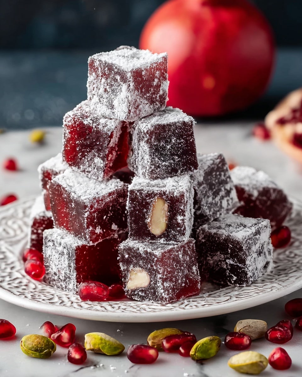 A stack of dark red, translucent cubed jelly sweets covered in a thick layer of white powdered sugar sits on a white plate with intricate patterns. Each cube has a smooth, slightly glossy texture and a few cubes have nuts embedded inside. Around the plate on a white marbled surface are scattered bright red pomegranate seeds and pale green pistachio nuts. A whole red pomegranate is placed in the blurred background, adding depth to the image. photo taken with an iphone --ar 4:5 --v 7