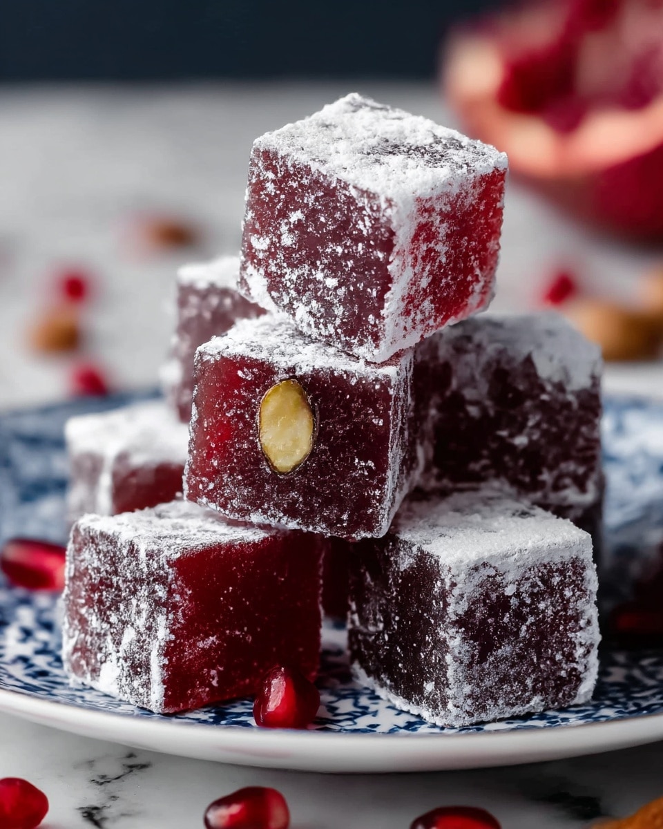 A stack of six cubes of Turkish delight sits on a white plate with blue patterns; each cube is deep red and translucent with a soft jelly texture, covered unevenly by a thick layer of white powdered sugar that dusts the top and sides of the cubes. The cubes show slight variations in shape and texture with one cube revealing a small nut embedded inside, adding a touch of greenish-yellow. The plate sits on a white marbled surface, with blurred nuts and pomegranate seeds scattered around for extra color and detail, creating an inviting and rich look. photo taken with an iphone --ar 4:5 --v 7