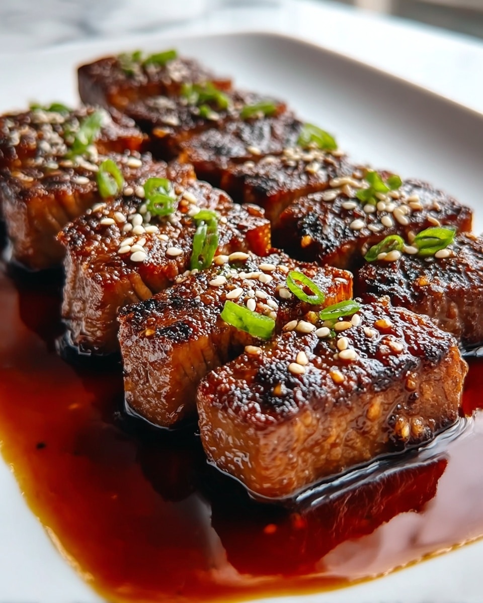 Five pieces of grilled meat are placed in a row on a white plate, each piece with a dark brown crispy surface showing grill marks and caramelized edges. The meat is topped with white sesame seeds and small green onion pieces, adding texture and color contrast. A glossy dark brown sauce surrounds the meat on the plate, pooling at the bottom with a shiny and thick appearance. The plate is set on a white marbled surface, and the photo is taken close up, focusing on the texture and color of the meat. photo taken with an iphone --ar 4:5 --v 7