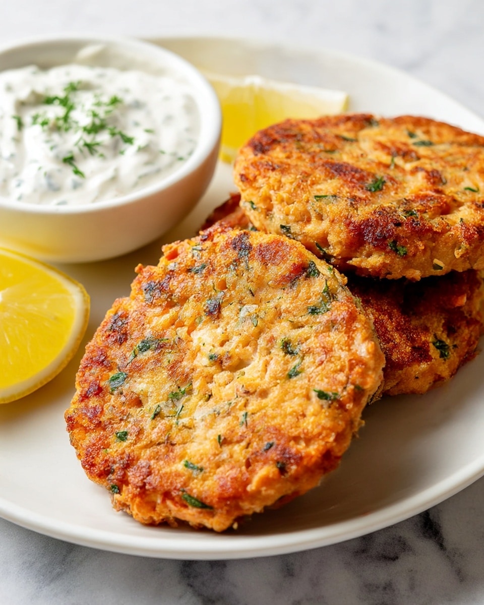 Three golden-brown salmon patties with green herb pieces are stacked closely on a white plate, showing a crisp and textured surface from frying. To the left, a small white bowl holds a creamy white sauce with visible herb bits sprinkled on top. Behind the bowl, two lemon wedges rest on the plate, adding a bright yellow accent. The plate is placed on a white marbled surface, giving a clean and fresh background. photo taken with an iphone --ar 4:5 --v 7