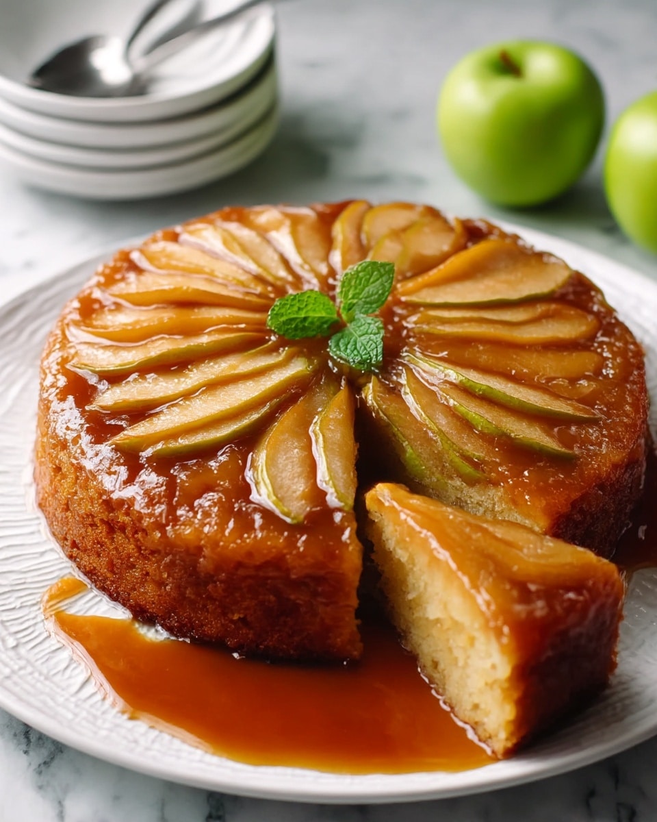 A round upside-down apple cake with a glossy caramel glaze sits on a white plate with subtle raised patterns. The top layer consists of thinly sliced caramelized apples, arranged in a circular pattern with a small sprig of green mint leaves in the center. Below that is a moist golden-brown cake layer that appears soft and slightly crumbly, visible where a single slice is cut out. The caramel sauce pools around the base of the cake, creating a shiny amber border on the white marbled surface beneath. Two green apples and a stack of white bowls with a spoon rest in the blurred background. photo taken with an iphone --ar 4:5 --v 7