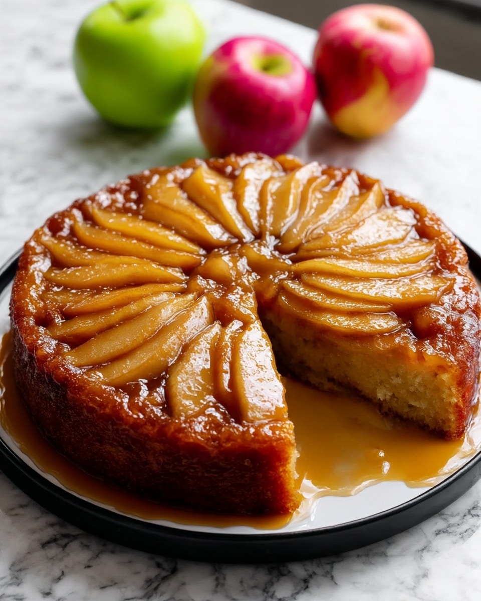 A round upside-down apple cake with a missing slice shows one thick layer of moist golden-brown cake topped with shiny, caramelized apple slices arranged in a fan shape covering the whole surface. The cake sits on a black plate with a white round plate beneath it, all placed on a white marbled surface. The caramel sauce glistens, especially near the edges and where the slice is removed, showing the soft texture of the cake inside. Three apples, two green and one pink-red, are placed blurred in the background. Photo taken with an iphone --ar 4:5 --v 7