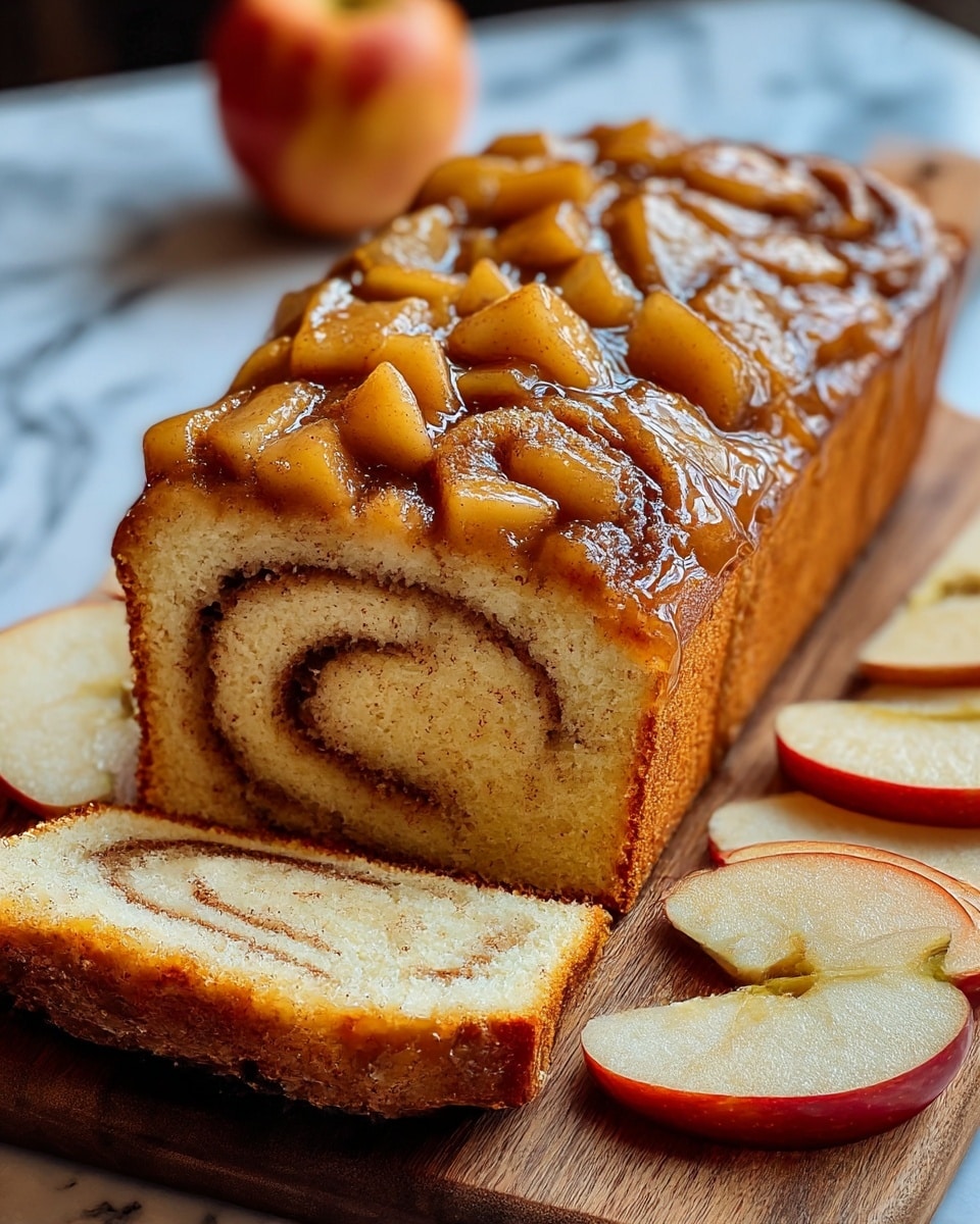 A soft cinnamon roll loaf cake with two visible layers: the bottom layer is a light golden-brown fluffy cake, and the top layer is a thick swirl of cinnamon-sugar filling with specks of cinnamon spread evenly inside. The top of the loaf is covered with glossy caramelized apple chunks coated in a shiny syrup, creating a rich glaze. The cake is sliced, showing the spiral of cinnamon filling inside. The whole scene sits on a wooden board with thin apple slices arranged beside the cake, set against a white marbled surface. Photo taken with an iphone --ar 4:5 --v 7