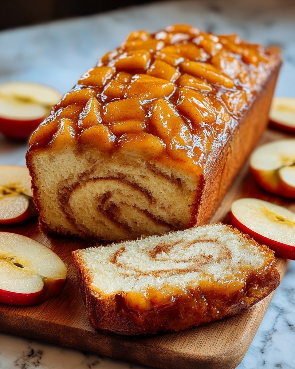 A loaf cake with a golden brown crust sits on a wooden board against a white marbled background, with one slice cut and lying flat in front. The top of the cake is covered with glossy, caramelized apple pieces coated in cinnamon, giving a warm amber shine. Inside the loaf, there is a visible swirl of cinnamon filling running through soft, light beige cake layers. Thin slices of fresh apples with red skin are placed around the board, adding a fresh contrast. Photo taken with an iphone --ar 4:5 --v 7