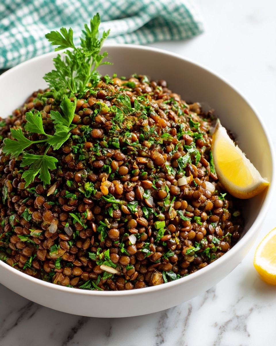 A white bowl is filled with a mixture of dark brown lentils and finely chopped green herbs that look fresh and vibrant, with some small bits of white onion mixed in. The lentils and herbs create a textured layer that is dense and colorful. On top, there is a small bunch of fresh green parsley as decoration. To the side of the bowl, a thin slice of lemon adds a bright yellow accent. The bowl sits on a white marbled surface with a green and white checked cloth partially visible in the background. photo taken with an iphone --ar 4:5 --v 7