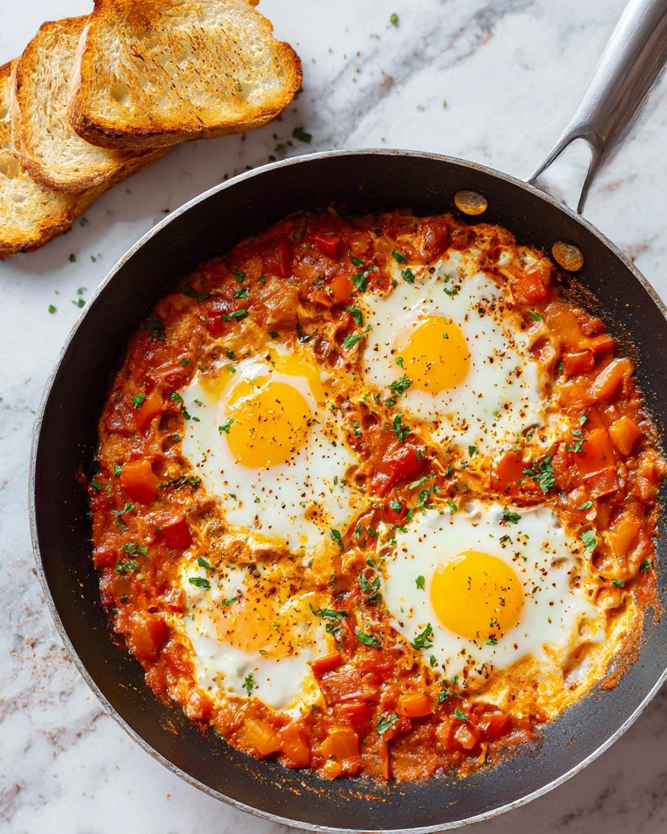 The image shows a black frying pan on a white marbled surface holding a cooked shakshuka with three sunny-side-up eggs placed evenly around the center; each egg has bright yellow yolks with slightly cooked whites mixing into a thick red sauce with chunks of red bell pepper and tomatoes. The sauce is textured with small bits of vegetables and lightly sprinkled with chopped green herbs. On the top left side outside the pan, there are three slices of toasted white bread with a golden crust resting casually. The whole picture has a warm and inviting appearance with visible seasoning on the eggs and sauce. Photo taken with an iphone --ar 4:5 --v 7
