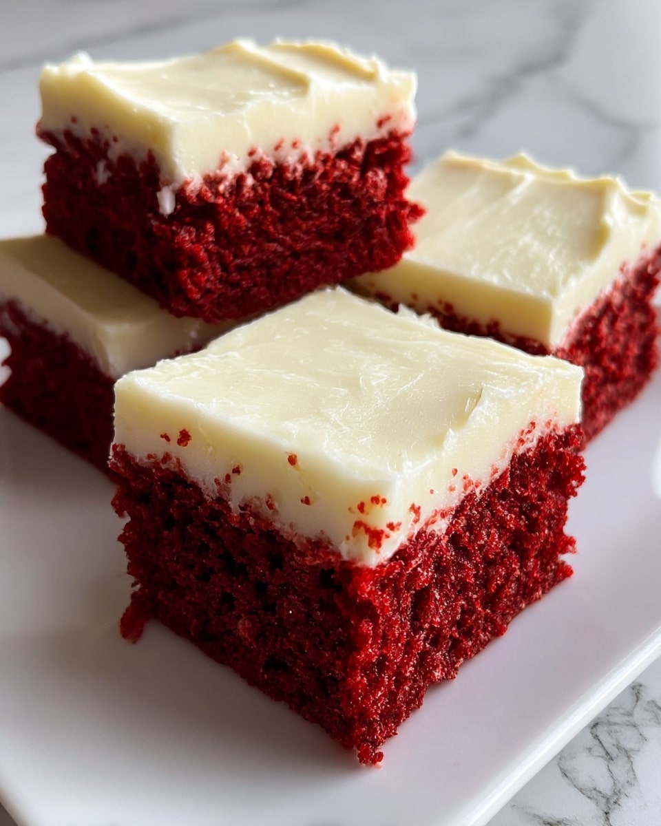 The image shows three square pieces of red velvet cake, each with two layers. The bottom layer is a thick, moist red cake with a soft and spongy texture, while the top layer is a smooth, creamy white frosting spread evenly and slightly thick. The cakes sit on a white plate, placed on a surface with a white marbled texture. Photo taken with an iphone --ar 4:5 --v 7